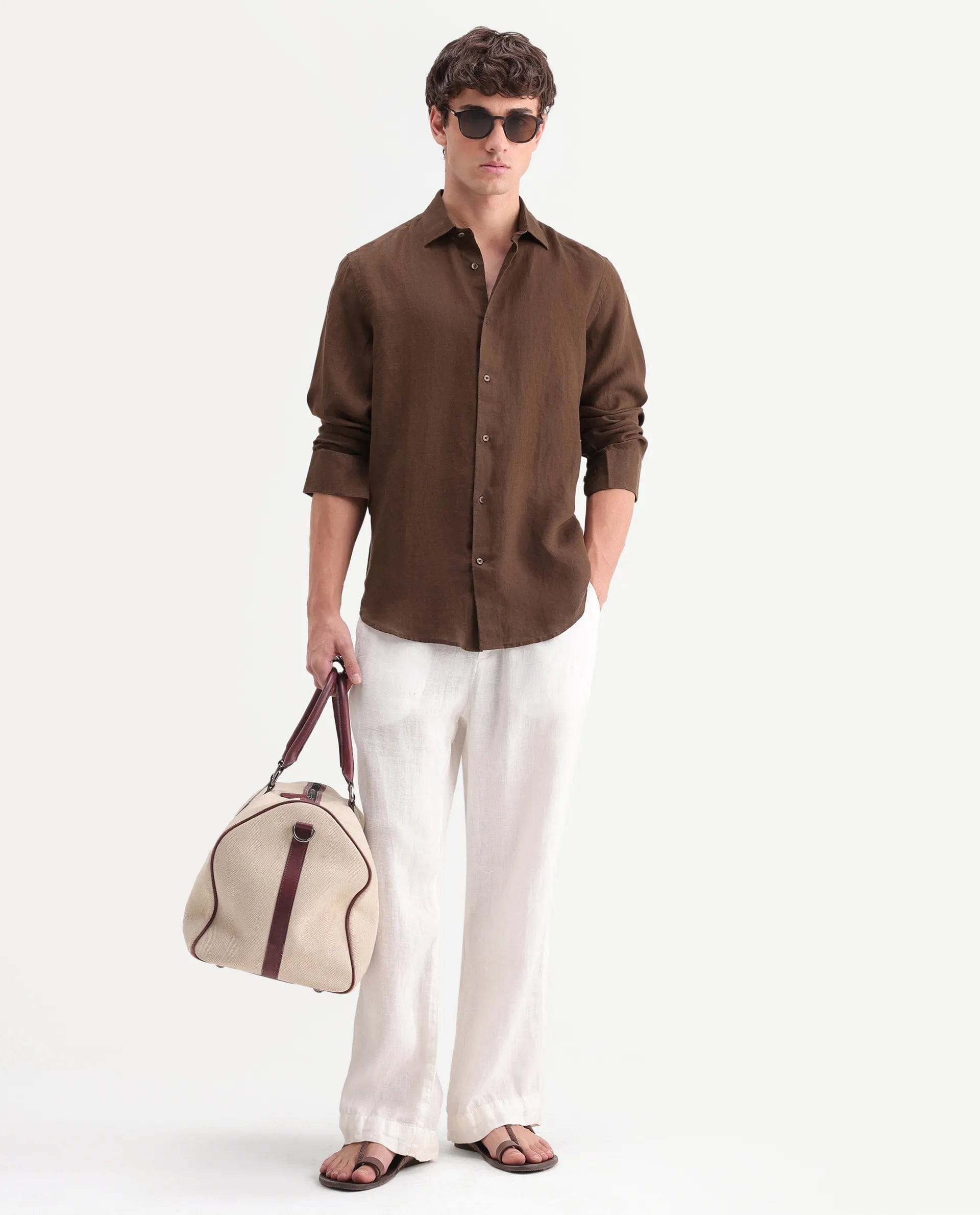 RARE Rabbit Men's Mavi - Aw26 Brown 100% Linen Spread Collar Regular Fit Plain Shirt