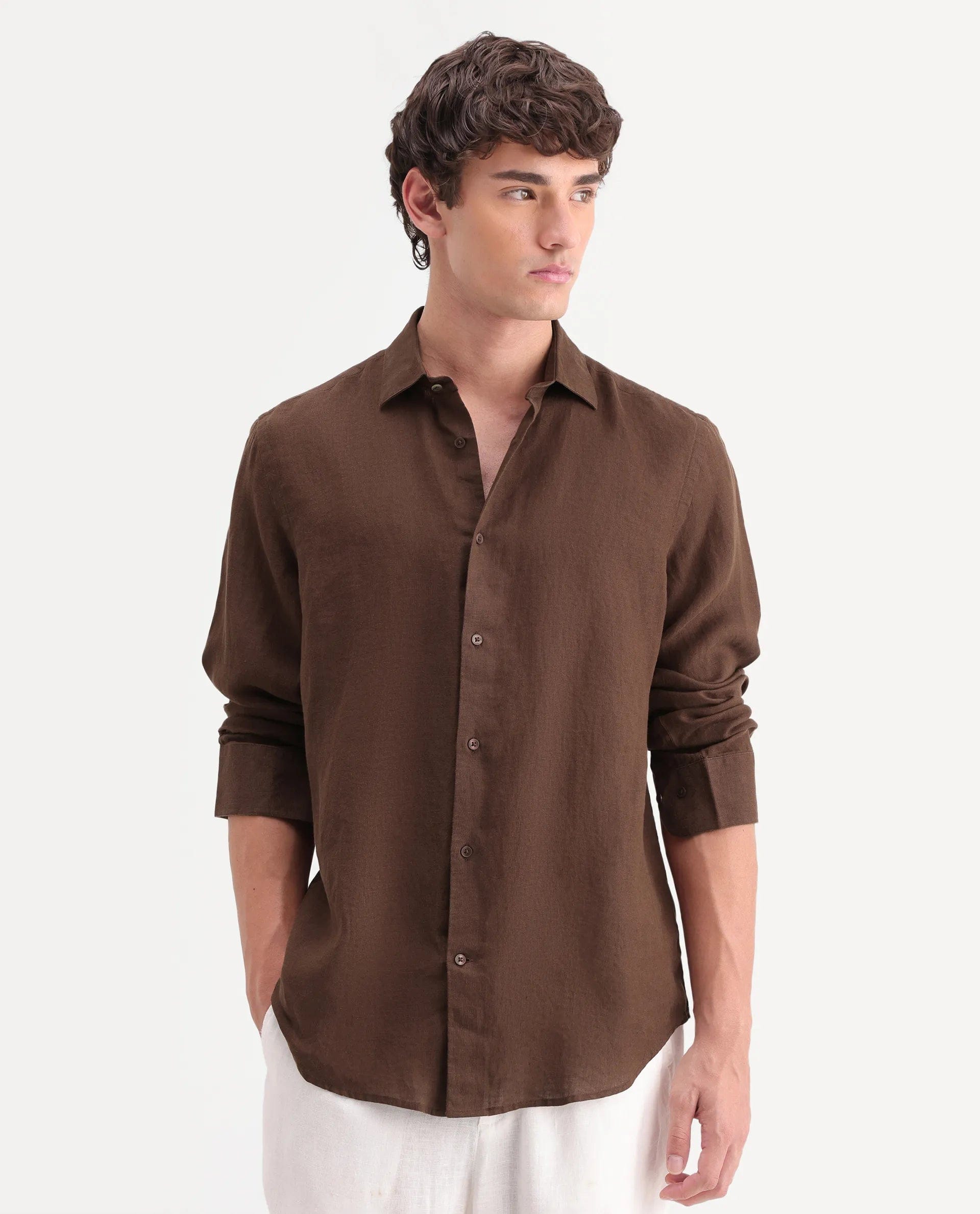 RARE Rabbit Men's Mavi - Aw26 Brown 100% Linen Spread Collar Regular Fit Plain Shirt