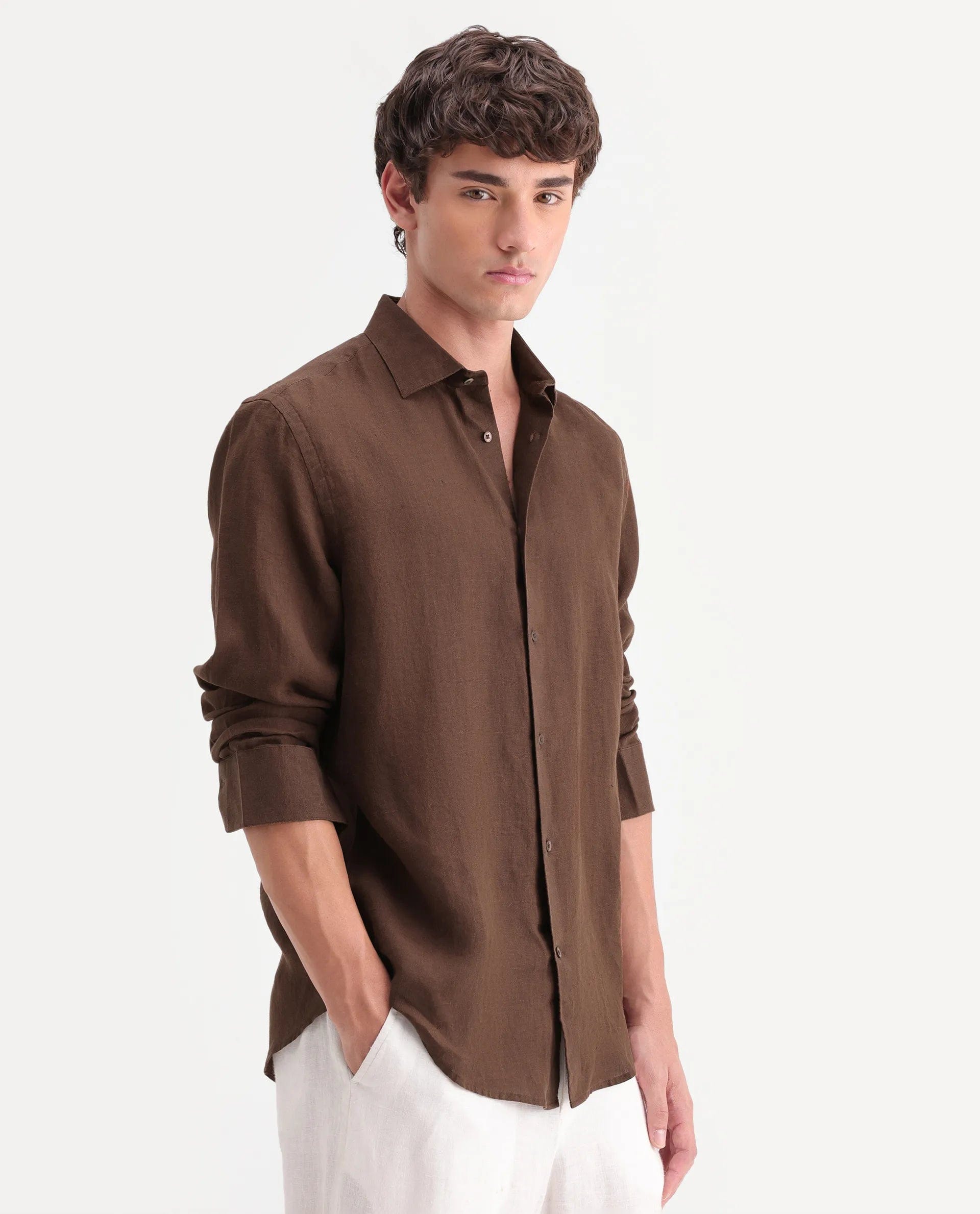 RARE Rabbit Men's Mavi - Aw26 Brown 100% Linen Spread Collar Regular Fit Plain Shirt