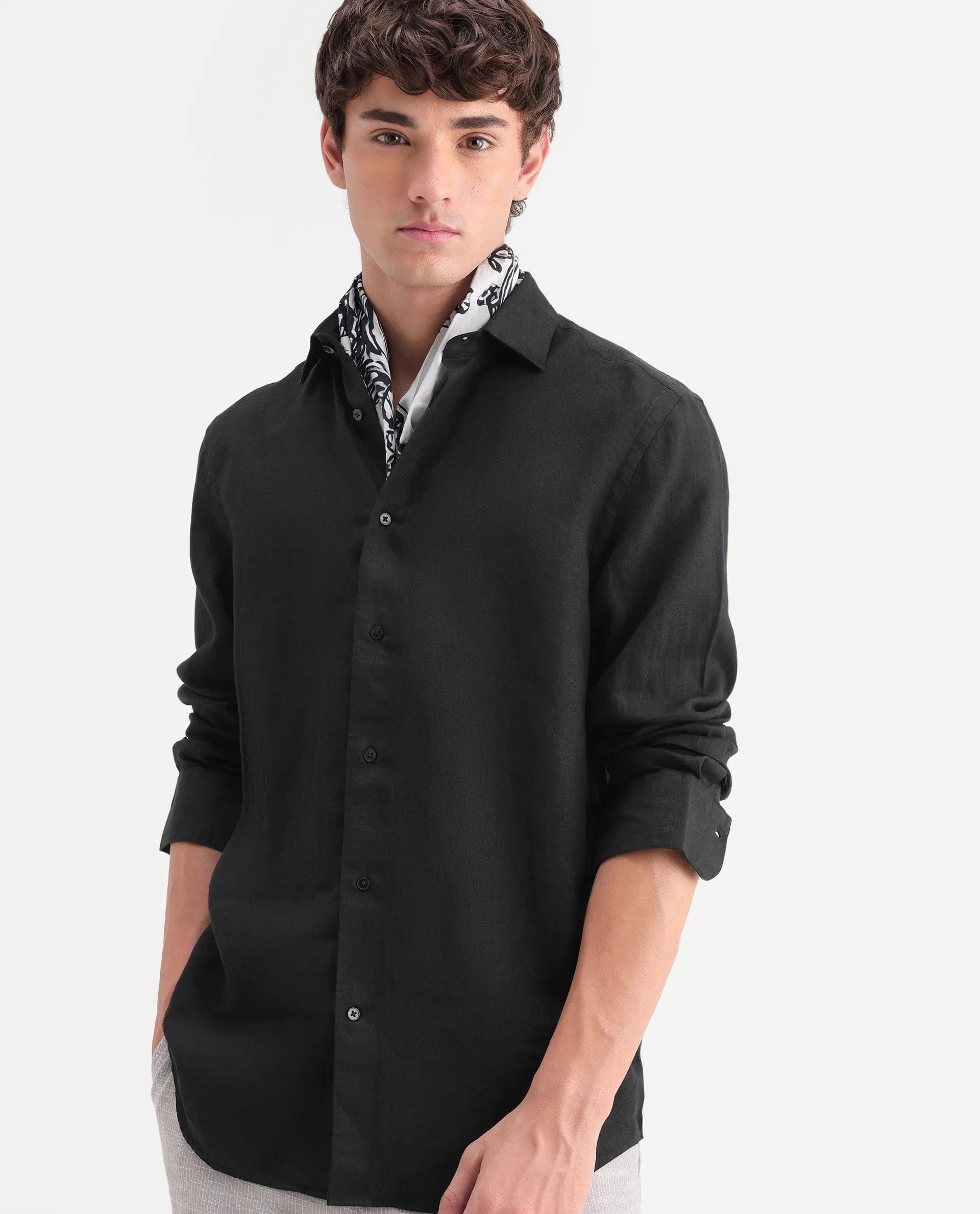RARE Rabbit Men's Mavi - Aw26 Black 100% Linen Spread Collar Regular Plain Shirt