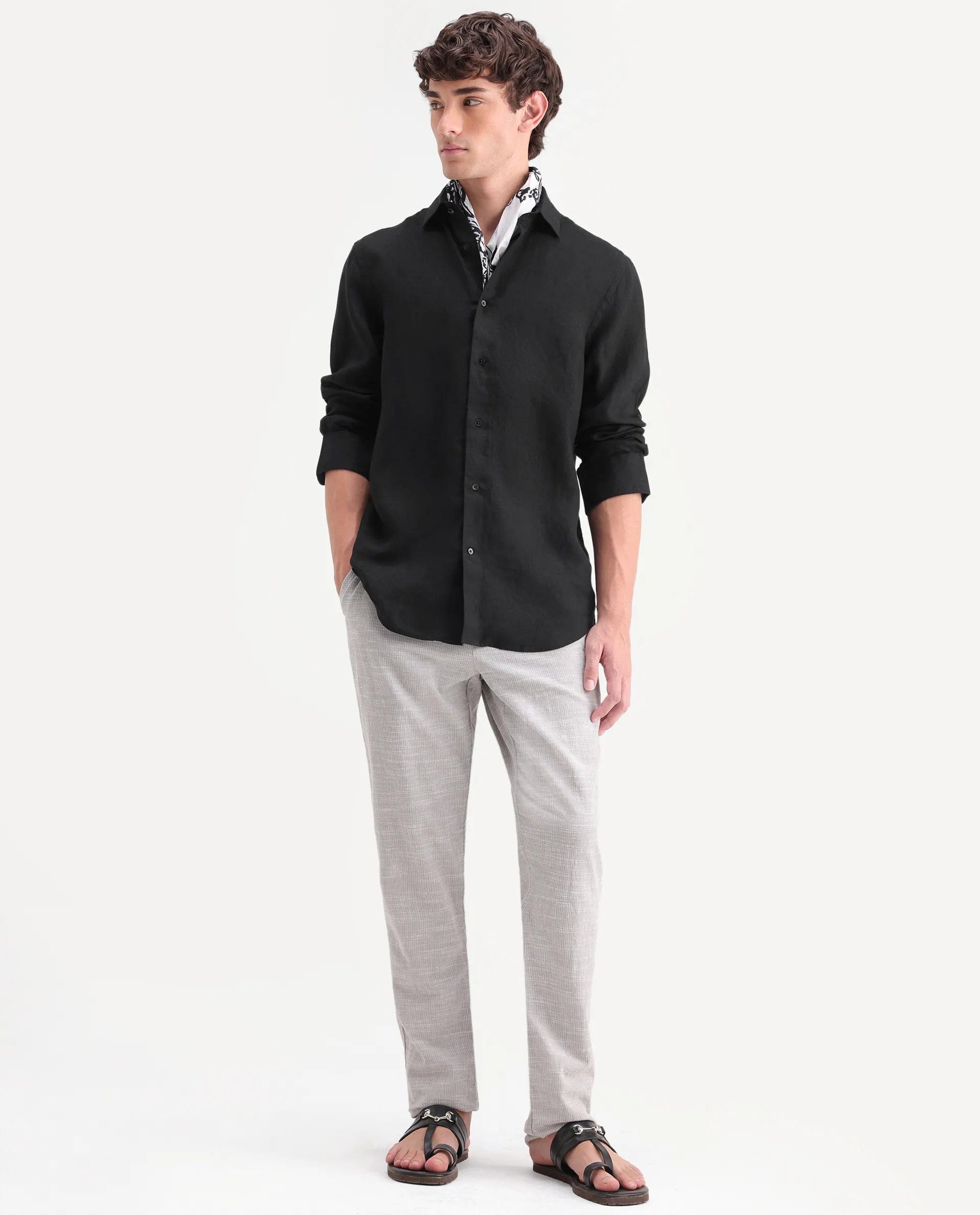 RARE Rabbit Men's Mavi - Aw26 Black 100% Linen Spread Collar Regular Plain Shirt