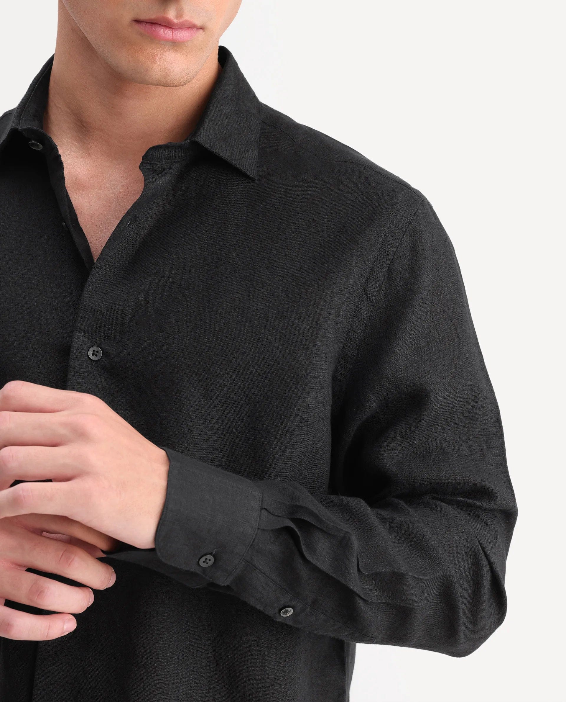 RARE Rabbit Men's Mavi - Aw26 Black 100% Linen Spread Collar Regular Plain Shirt