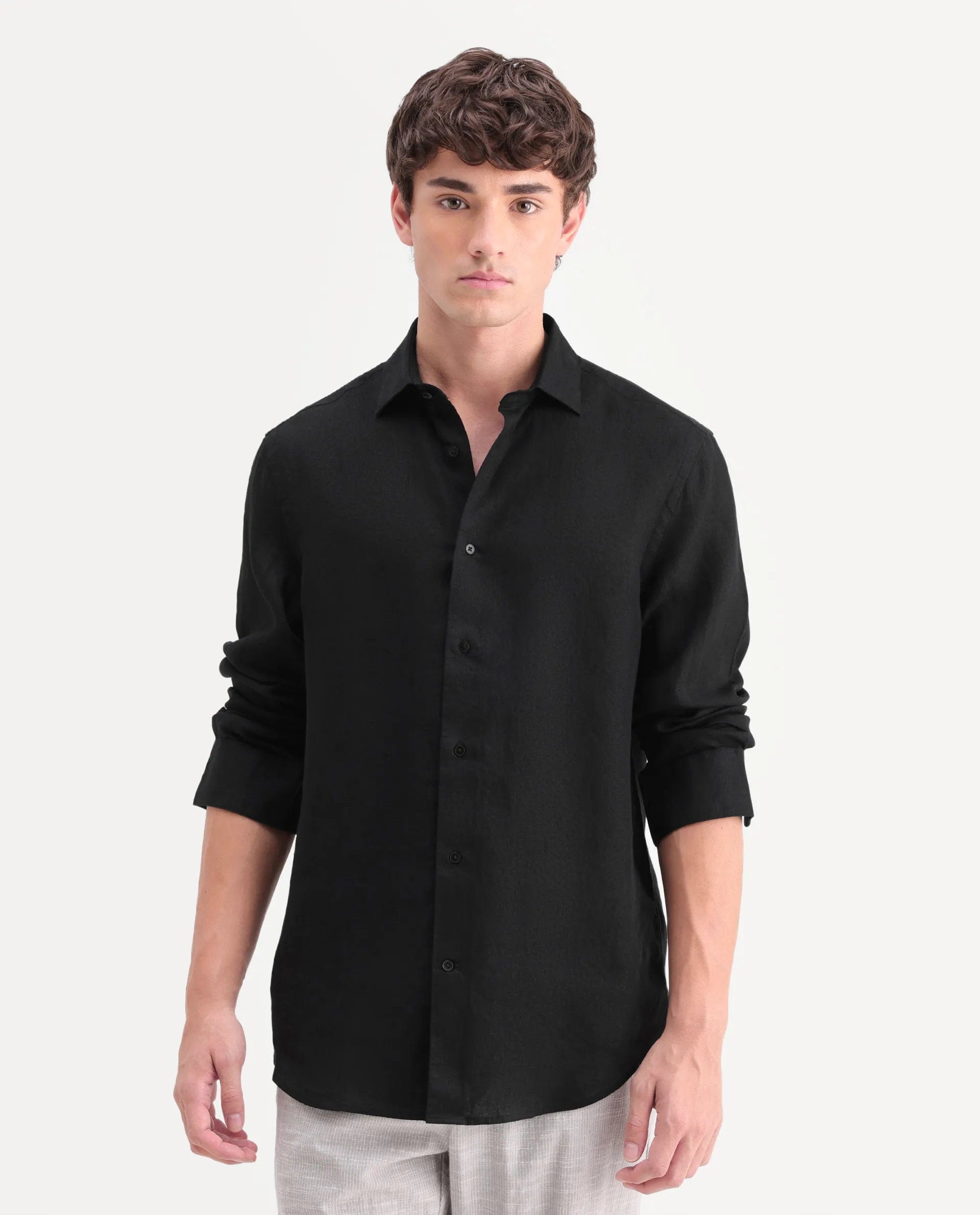 RARE Rabbit Men's Mavi - Aw26 Black 100% Linen Spread Collar Regular Plain Shirt