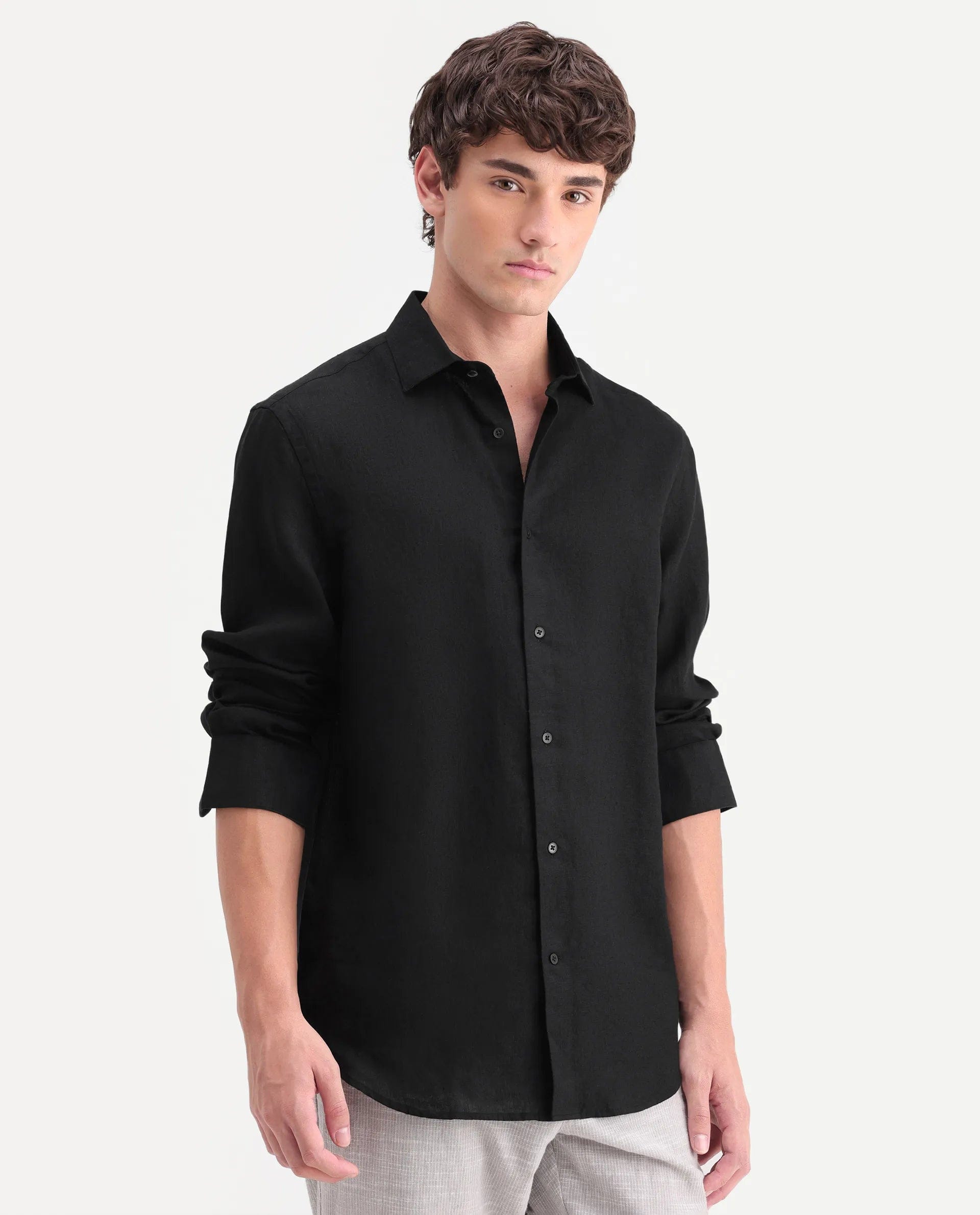 RARE Rabbit Men's Mavi - Aw26 Black 100% Linen Spread Collar Regular Plain Shirt