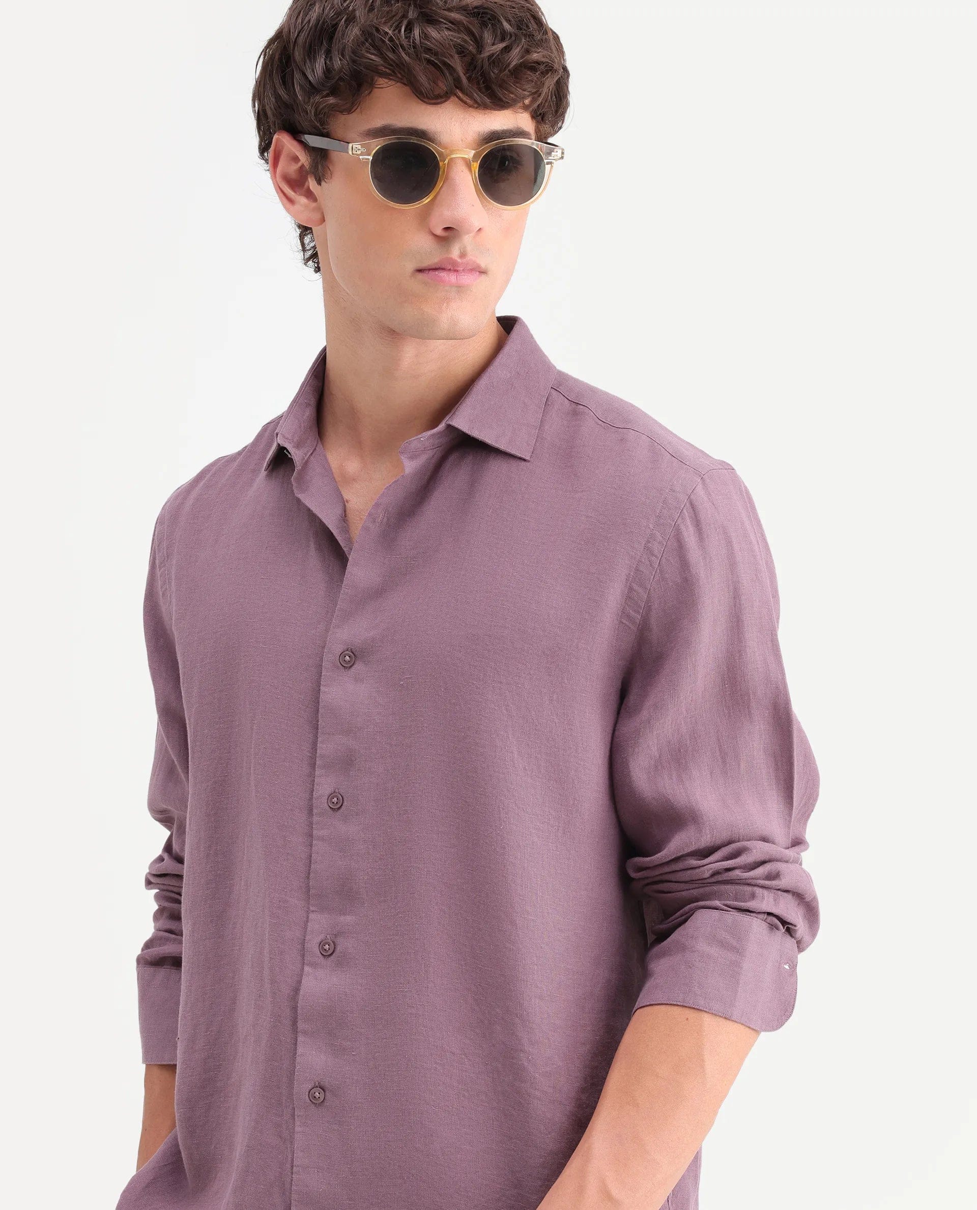 RARE Rabbit Men's Mavi - Aw26 Dusky Pink 100% Linen Spread Collar Regular Plain Shirt