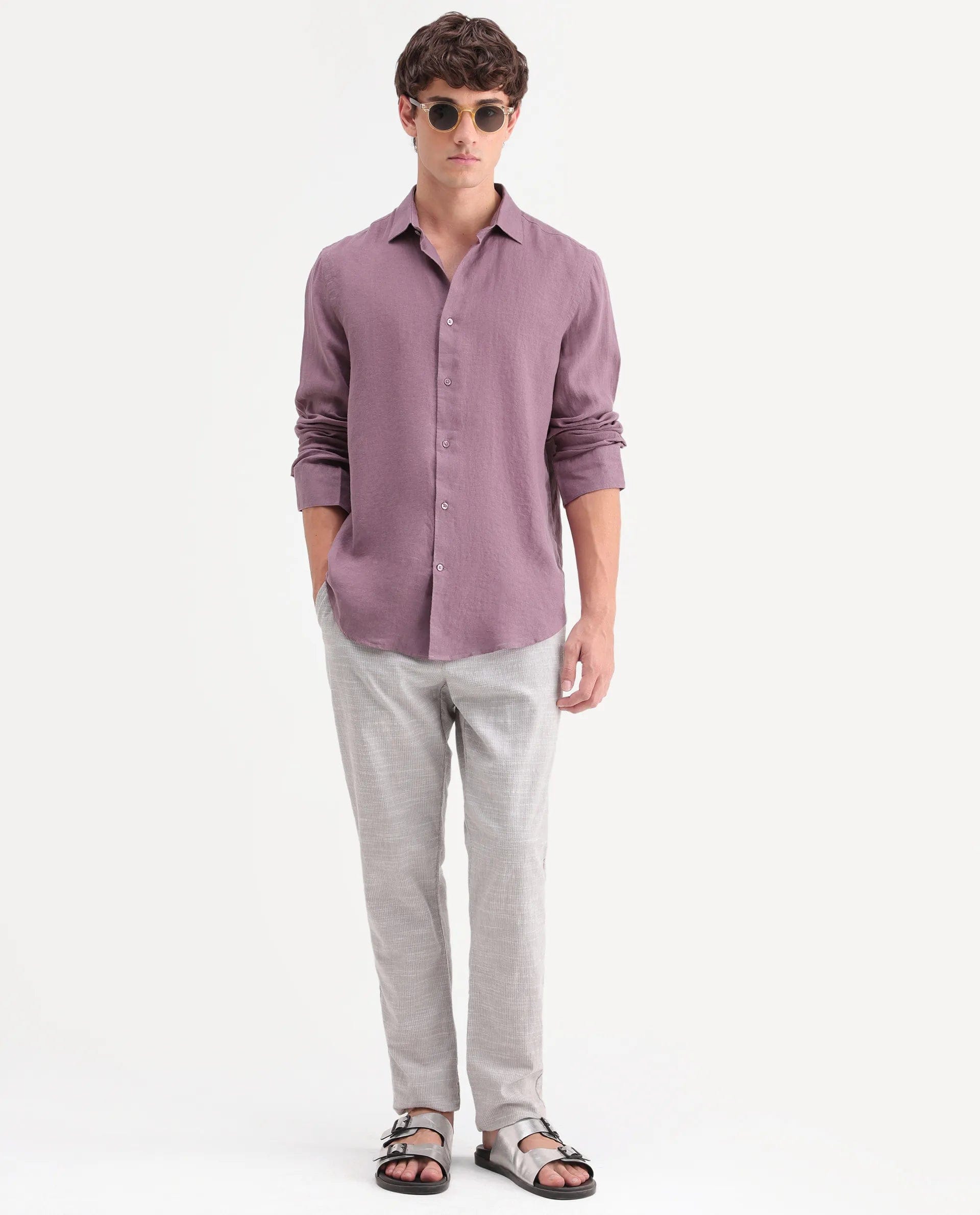 RARE Rabbit Men's Mavi - Aw26 Dusky Pink 100% Linen Spread Collar Regular Plain Shirt