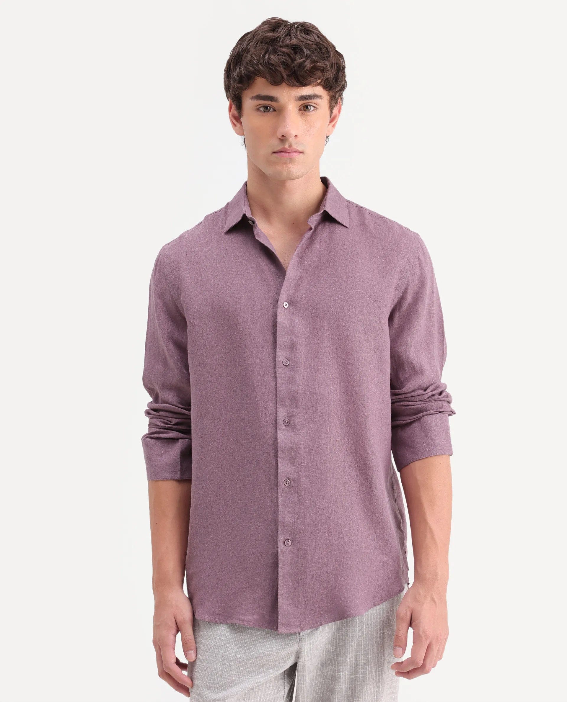 RARE Rabbit Men's Mavi - Aw26 Dusky Pink 100% Linen Spread Collar Regular Plain Shirt