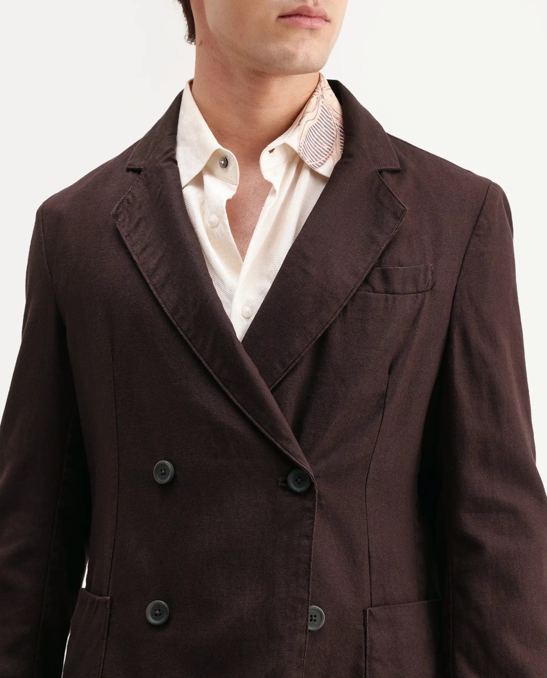RARE Rabbit Men's Deb Dark Brown Linen Blend Fabric Lapel Neck Tailored Fit Plain Blazer