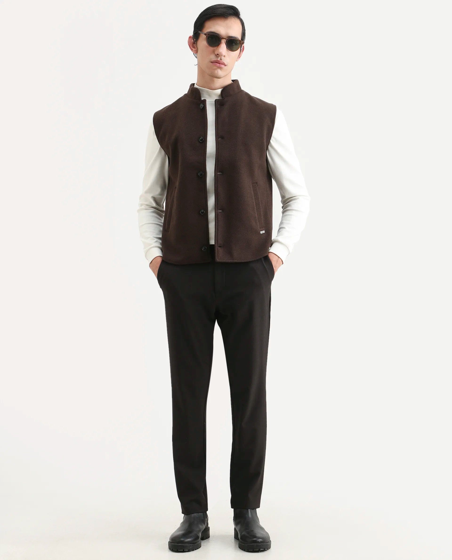 RARE Rabbit Men's Thermo Brown Polyester Plain Regular Fit Sleeveless High Neck Jacket