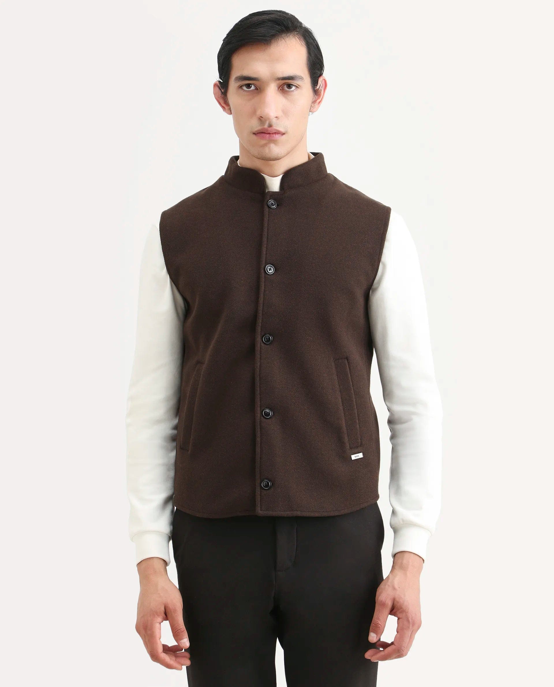 RARE Rabbit Men's Thermo Brown Polyester Plain Regular Fit Sleeveless High Neck Jacket