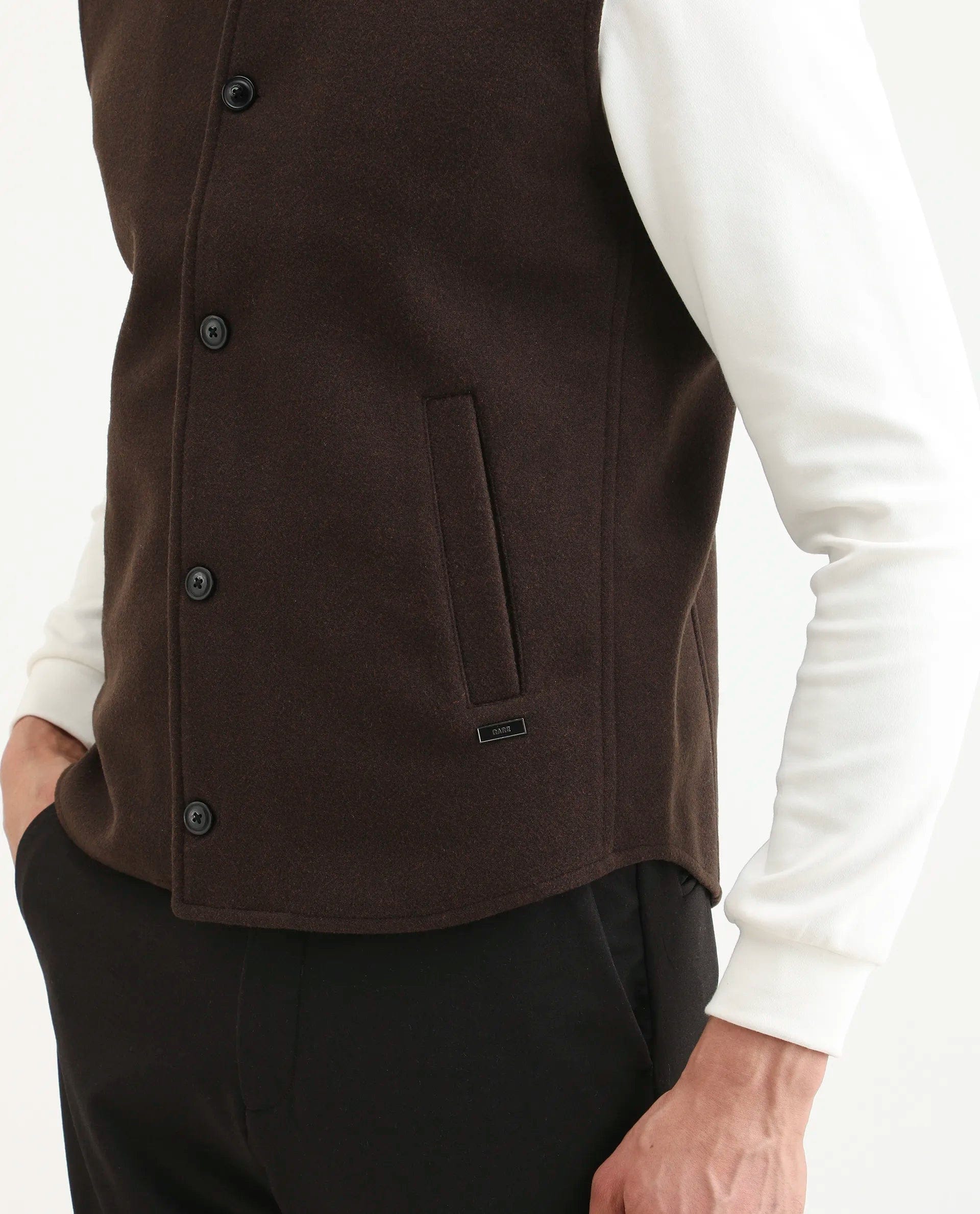 RARE Rabbit Men's Thermo Brown Polyester Plain Regular Fit Sleeveless High Neck Jacket