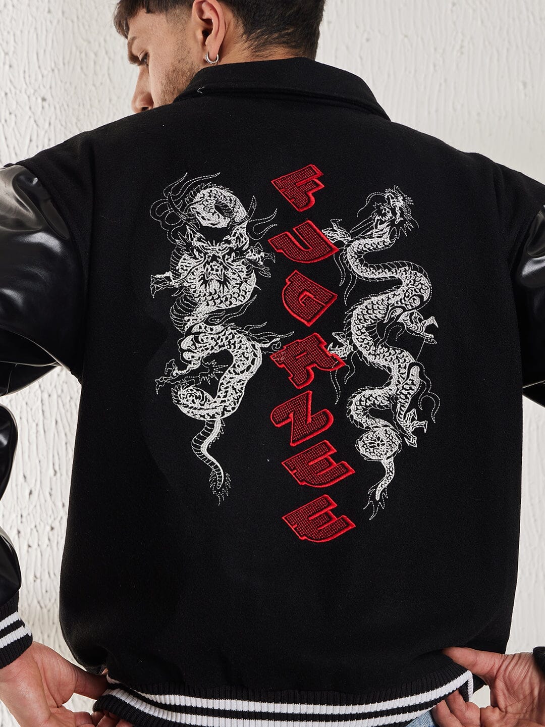 Dragon Black Dragon Embroidery Varsity Jacket