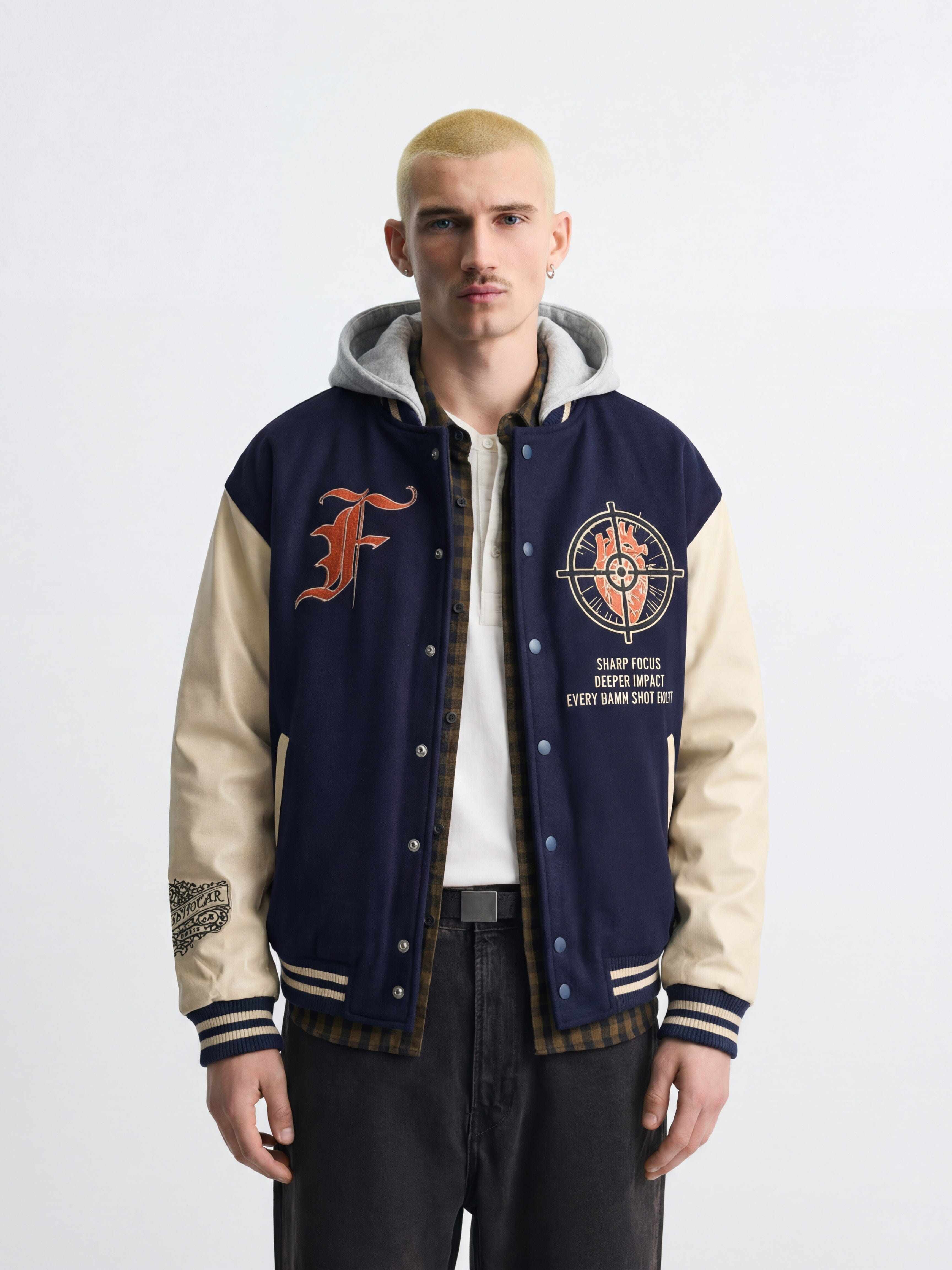 Fugazee Navy Cupid Sniper Hooded Varsity Jacket