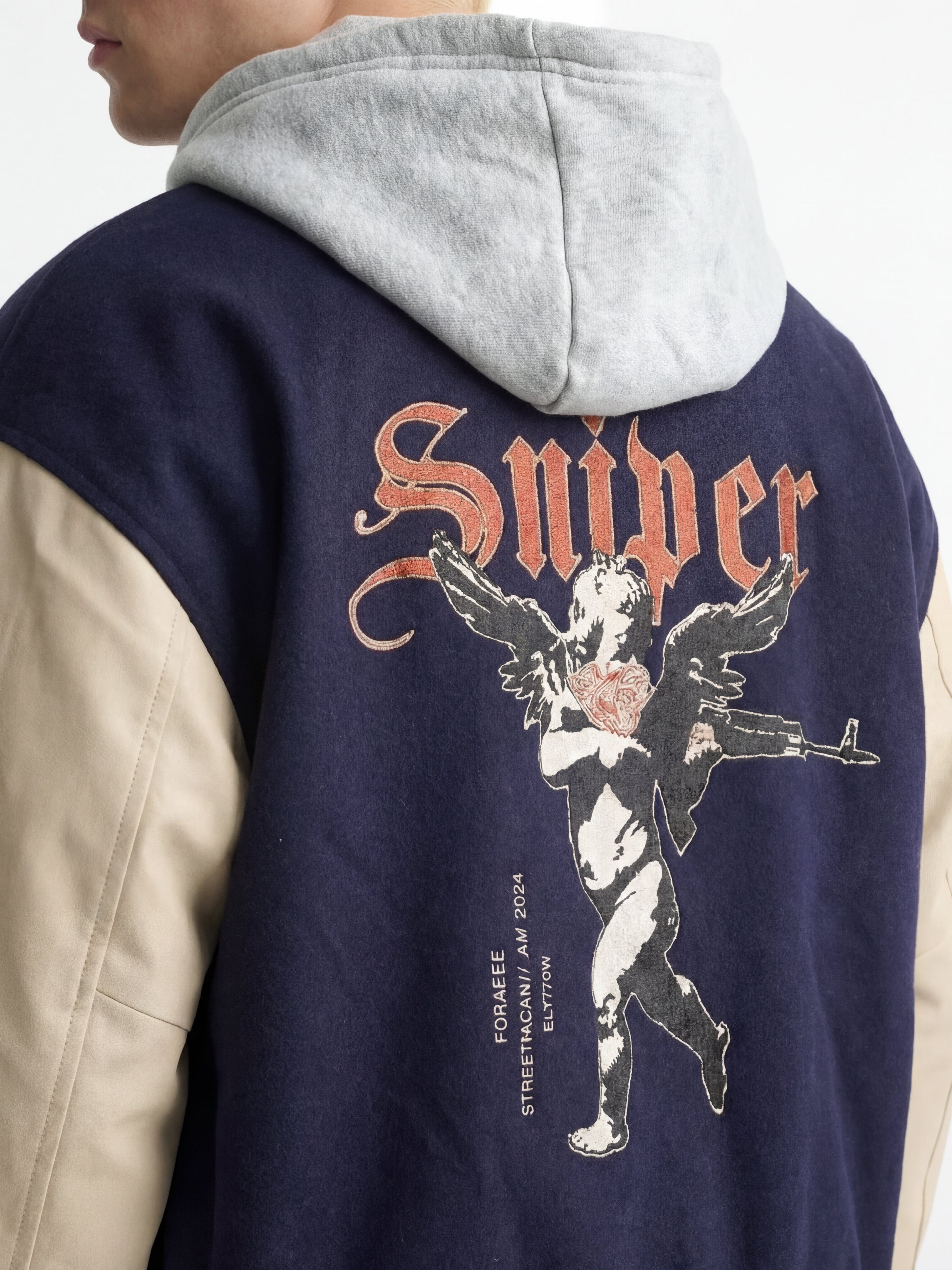 Fugazee Navy Cupid Sniper Hooded Varsity Jacket