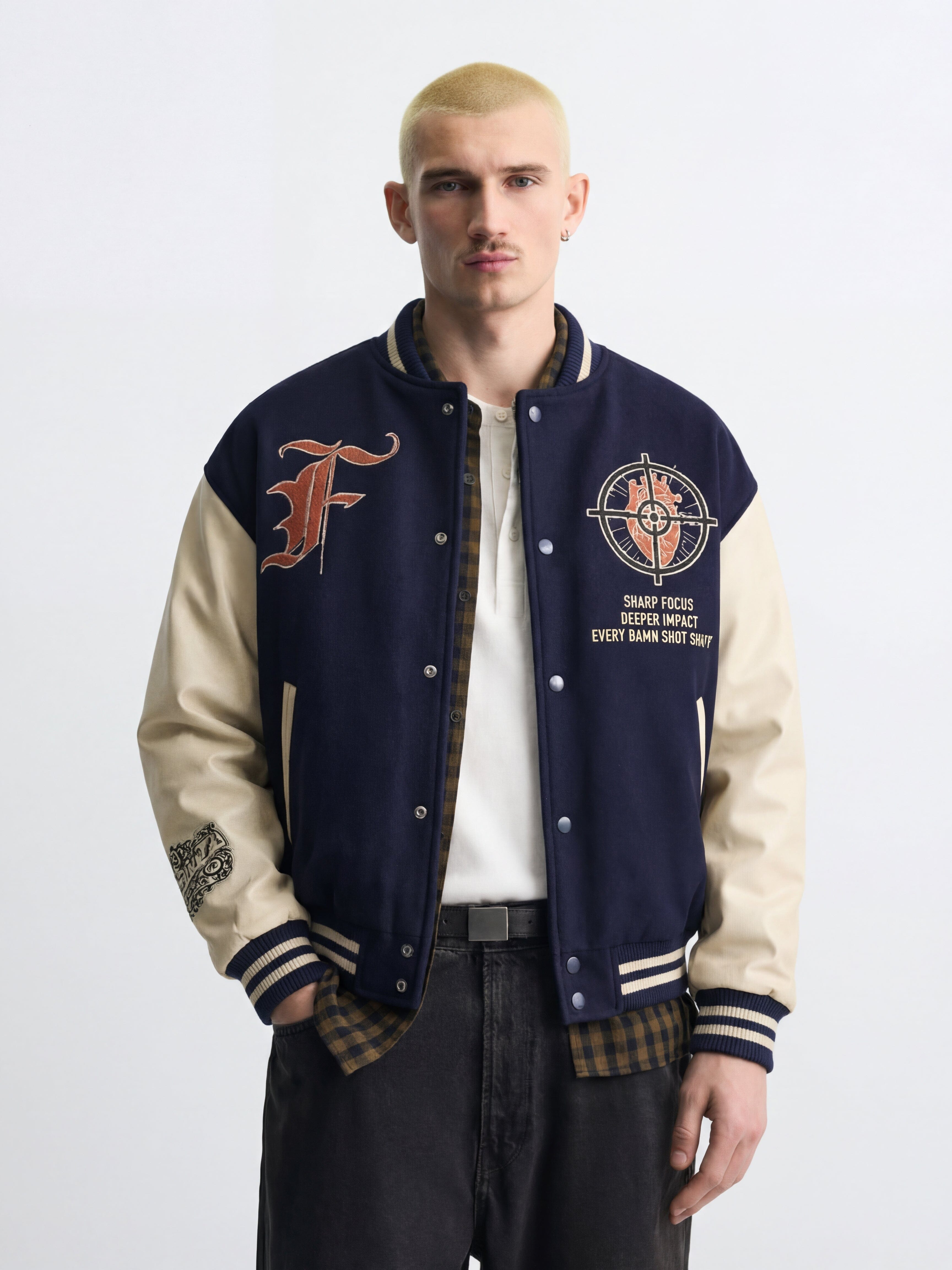Fugazee Navy Cupid Sniper Hooded Varsity Jacket