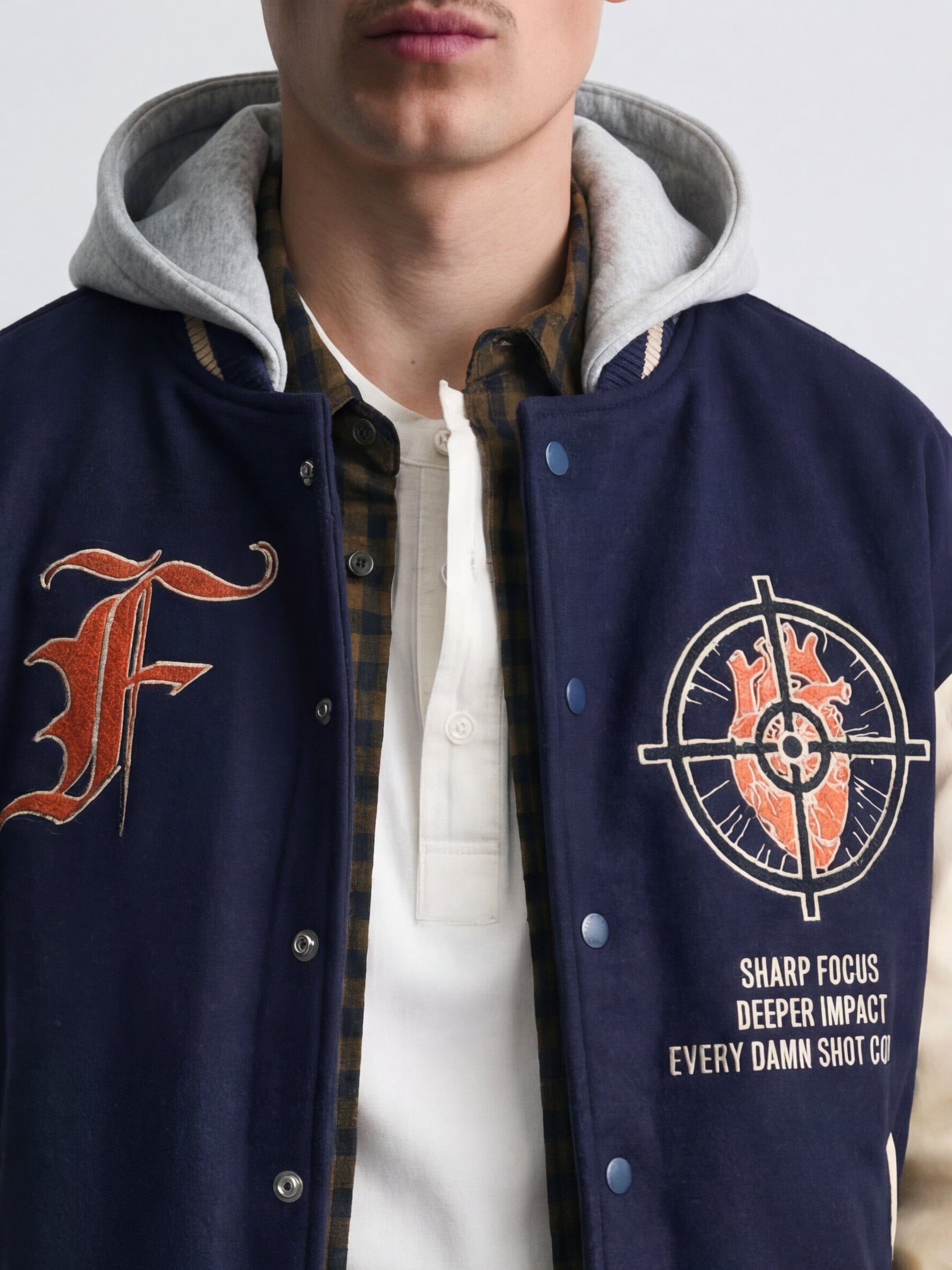 Fugazee Navy Cupid Sniper Hooded Varsity Jacket