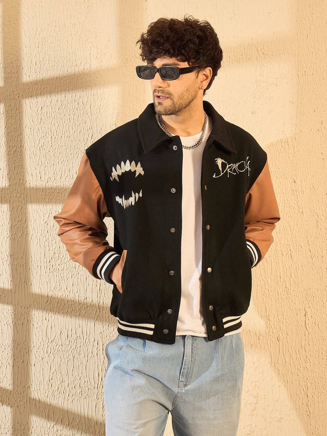 Fugazee Black Dracula Embroidery Woollen Varsity Jacket