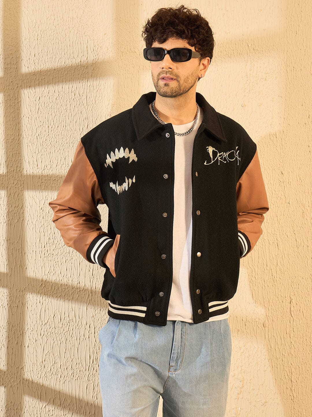 Fugazee Black Dracula Embroidery Woollen Varsity Jacket