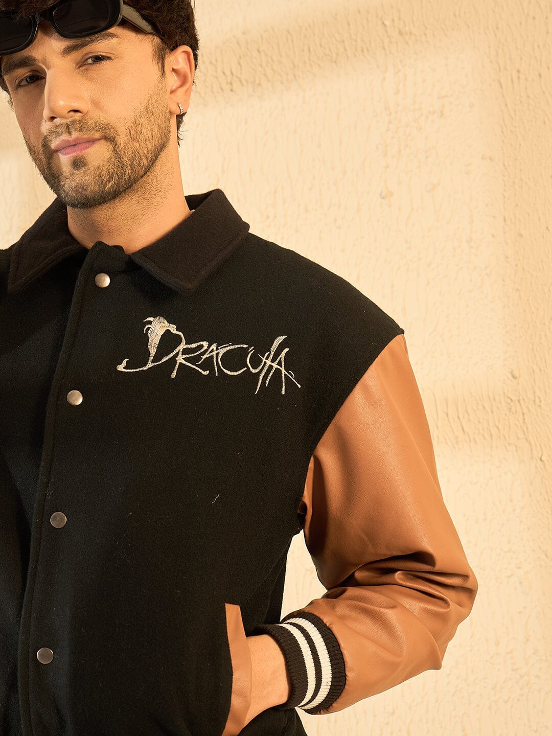 Fugazee Black Dracula Embroidery Woollen Varsity Jacket