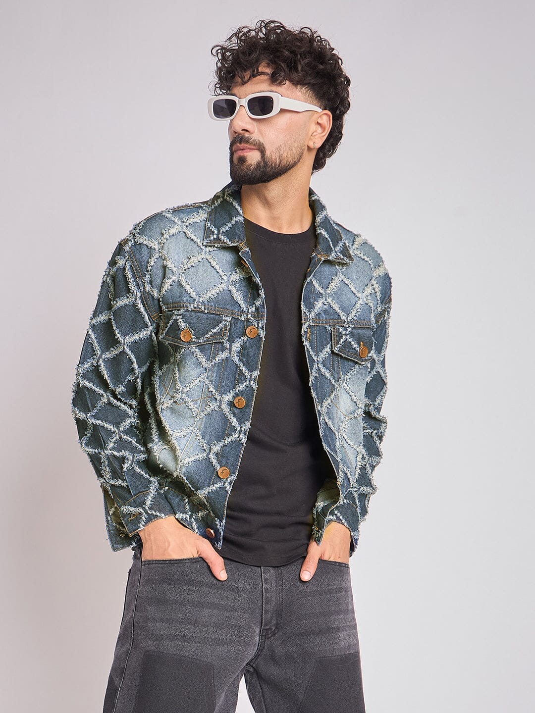 Fugazee Dark Washed Damaged Patterned Denim Jacket