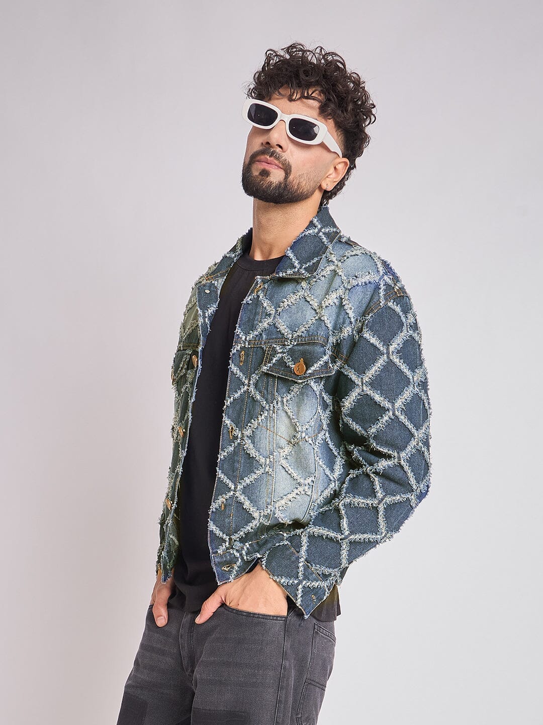 Fugazee Dark Washed Damaged Patterned Denim Jacket