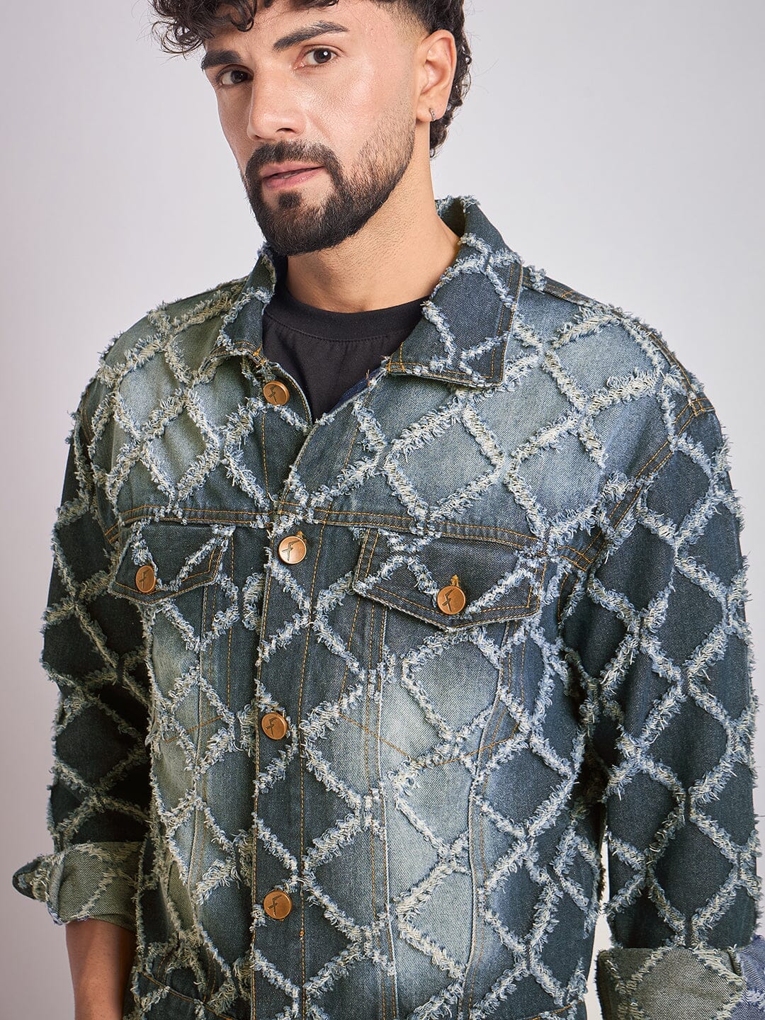 Fugazee Dark Washed Damaged Patterned Denim Jacket