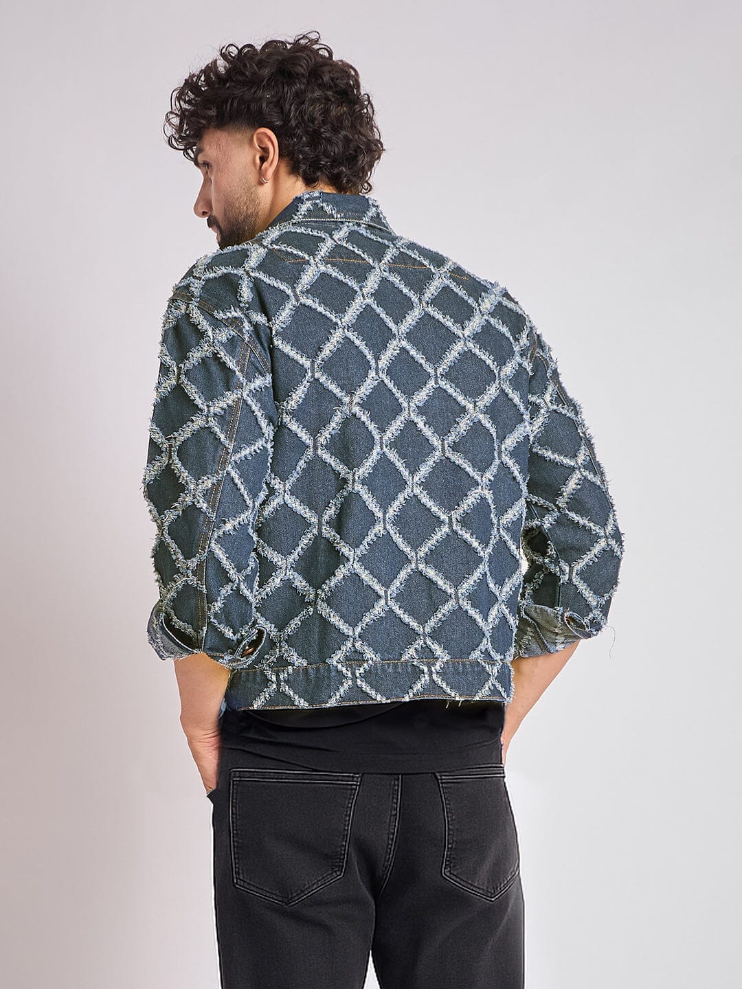Fugazee Dark Washed Damaged Patterned Denim Jacket