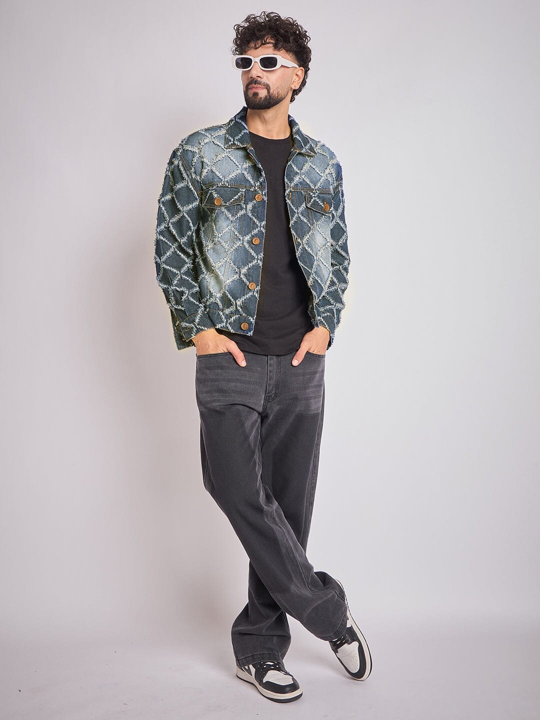 Fugazee Dark Washed Damaged Patterned Denim Jacket