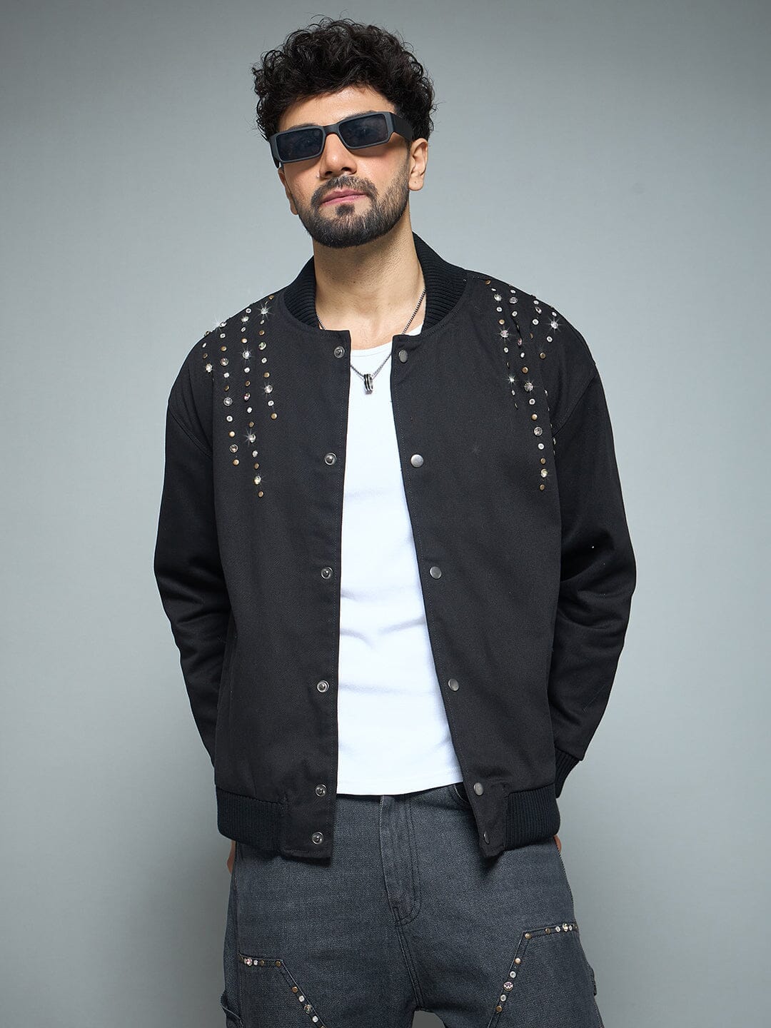 Fugazee Black Twill Studded Bomber Jacket
