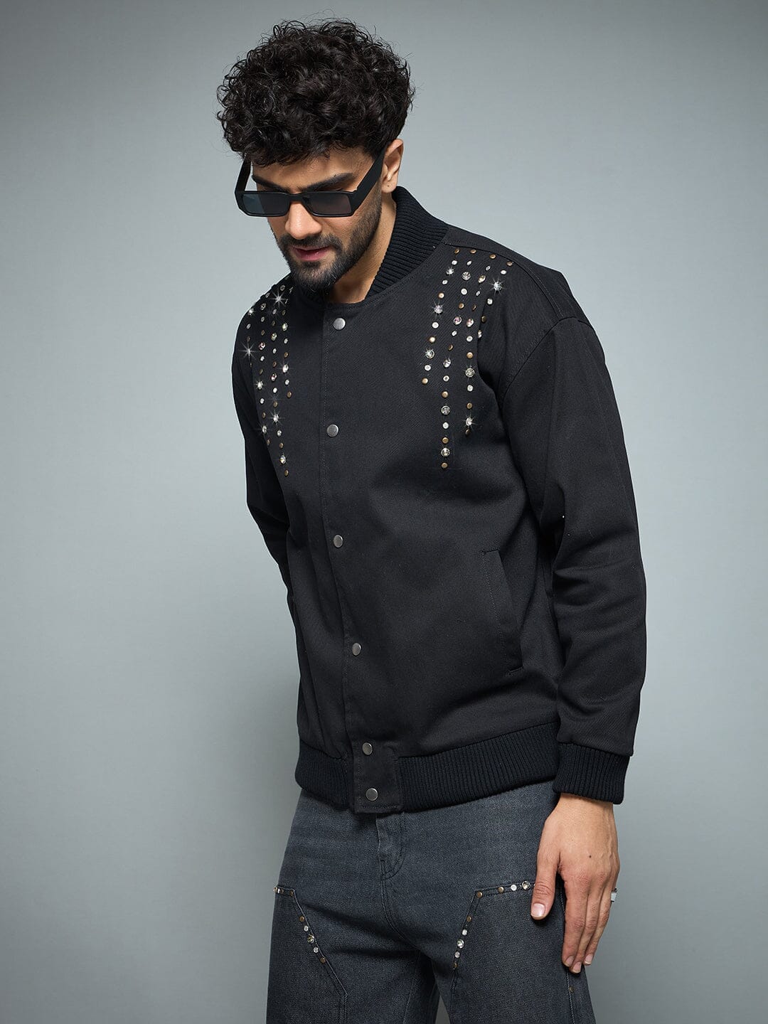 Fugazee Black Twill Studded Bomber Jacket