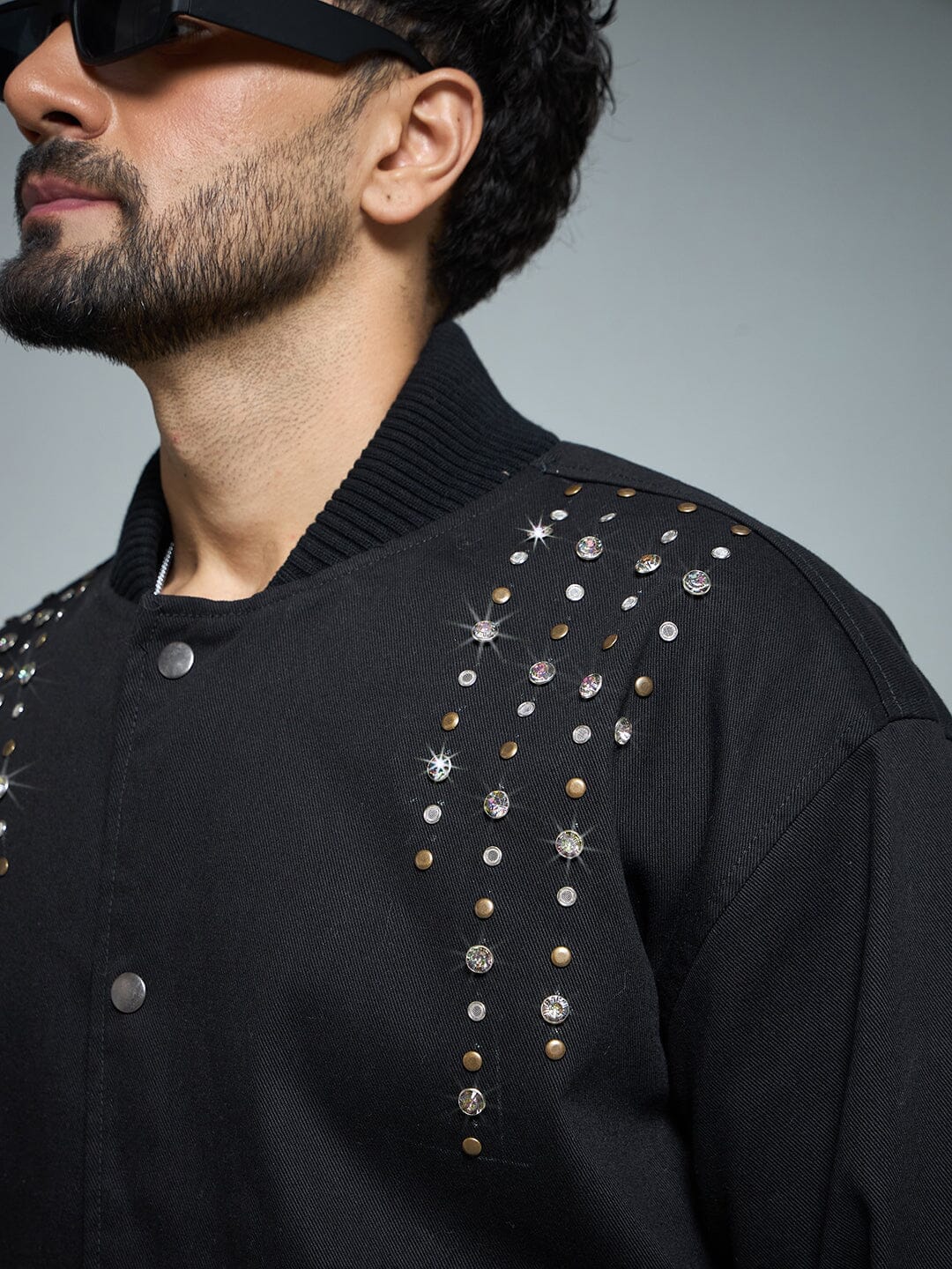 Fugazee Black Twill Studded Bomber Jacket