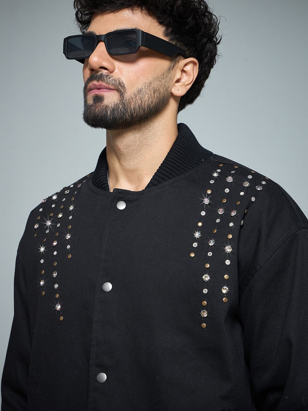 Fugazee Black Twill Studded Bomber Jacket
