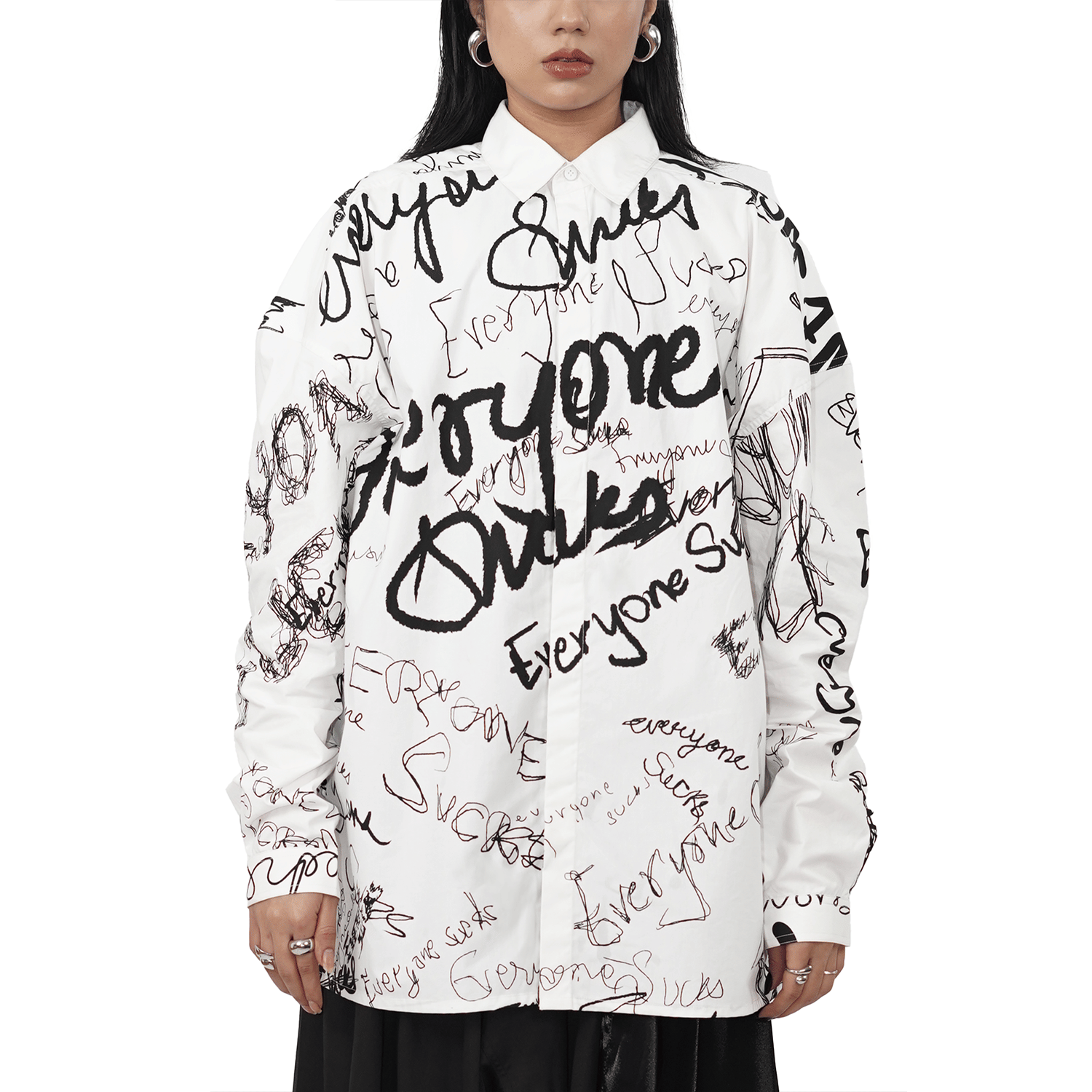 WHITE* Oversized unisex shirt with everyone sucks all - over print (White)