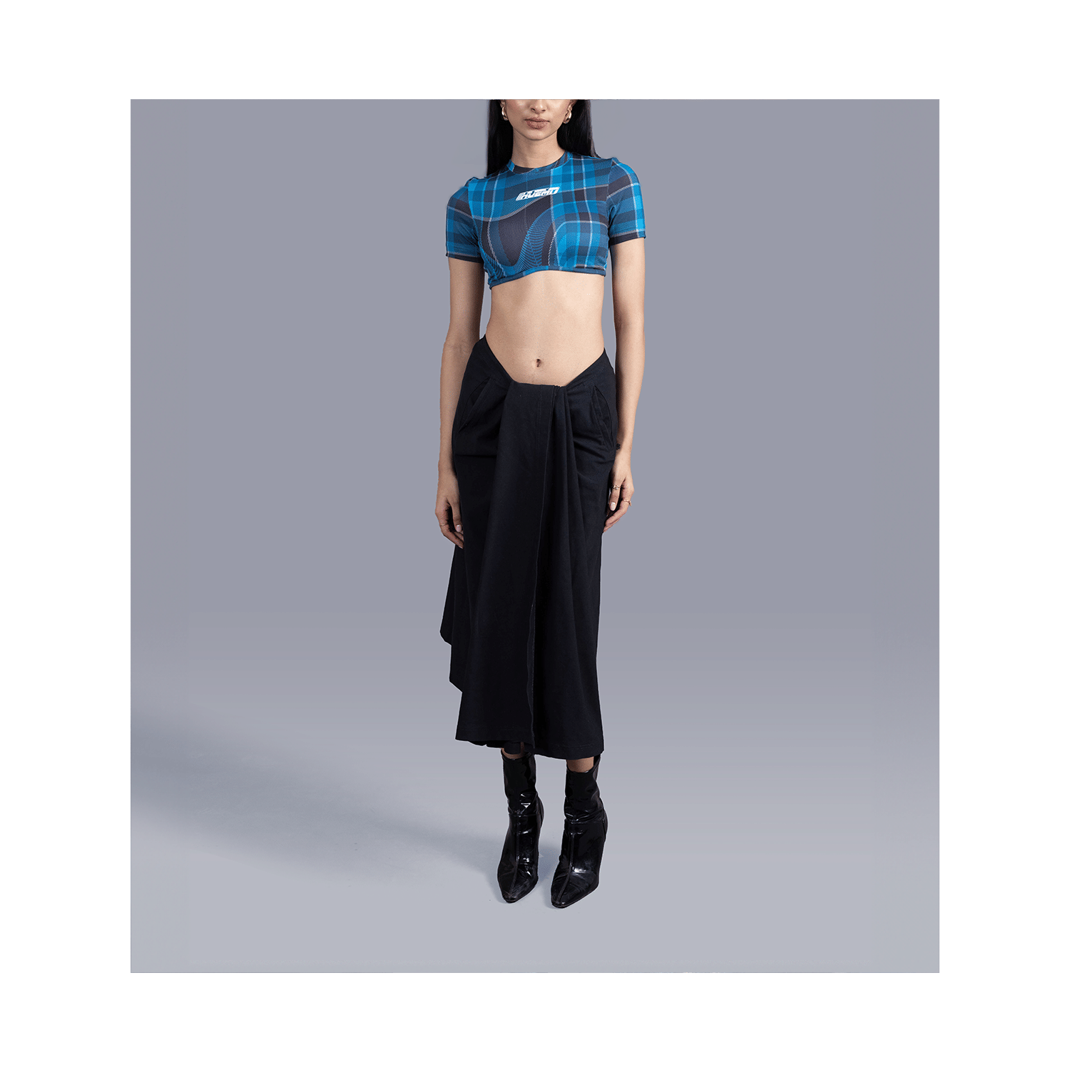 Blue Cropped t - shirt in madras checks pattern (Blue)