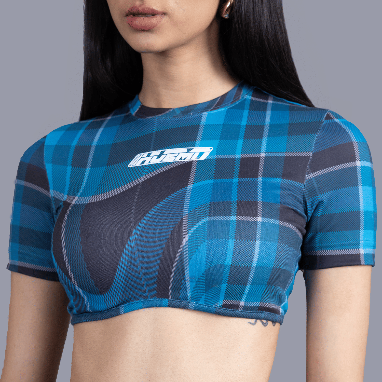 Blue Cropped t - shirt in madras checks pattern (Blue)