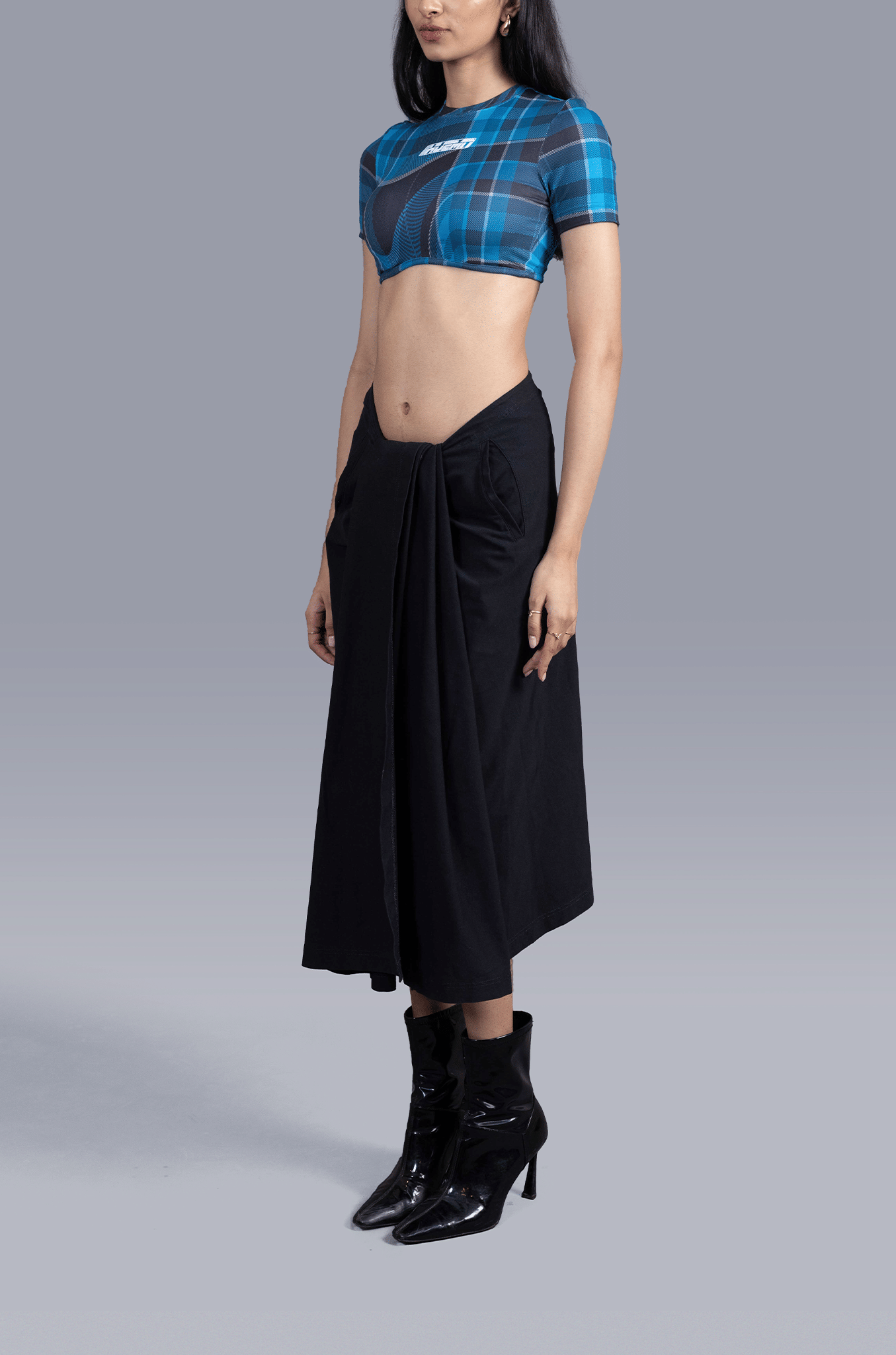 Blue Cropped t - shirt in madras checks pattern (Blue)