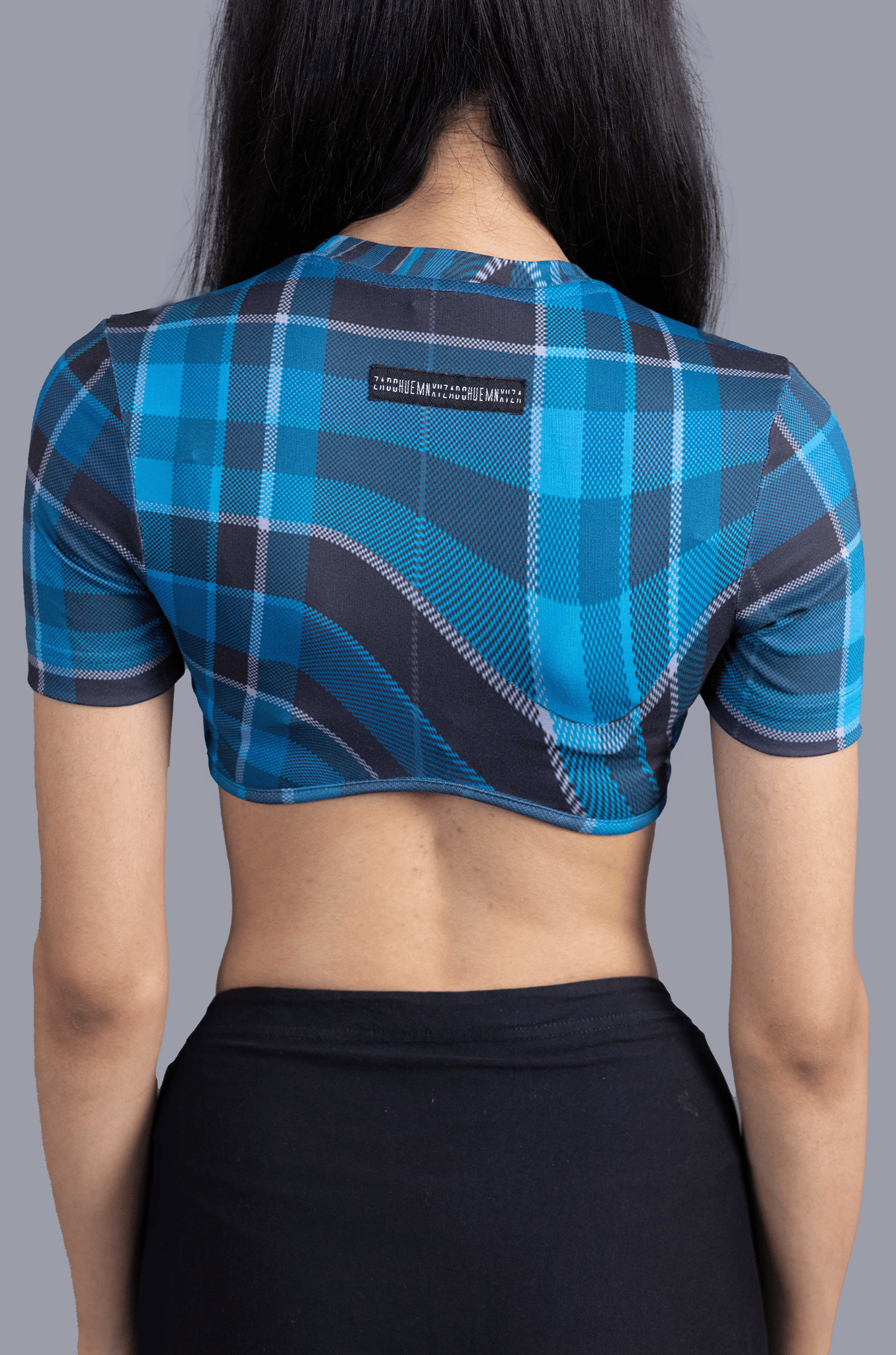 Blue Cropped t - shirt in madras checks pattern (Blue)