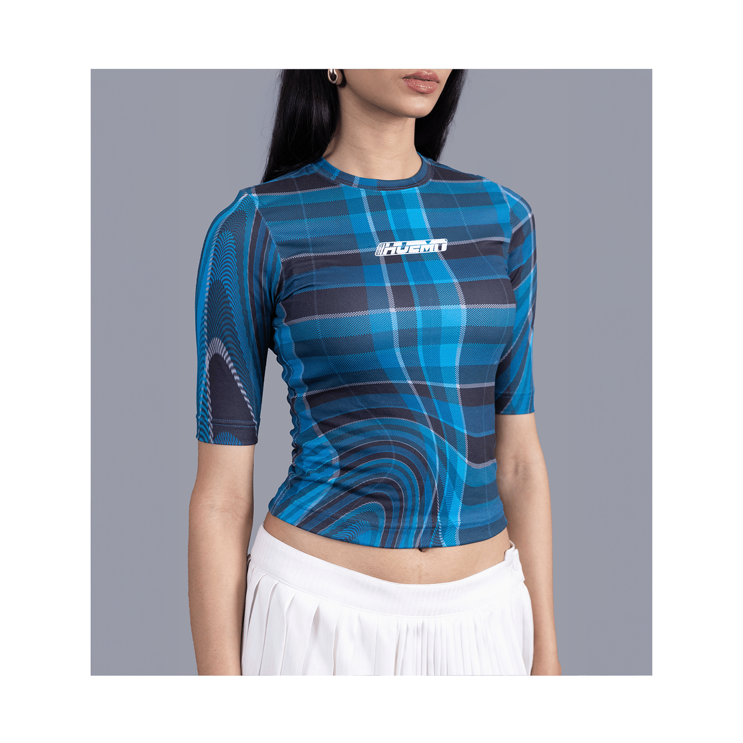 Blue Women's fitted t - shirt in madras checks pattern (Blue)
