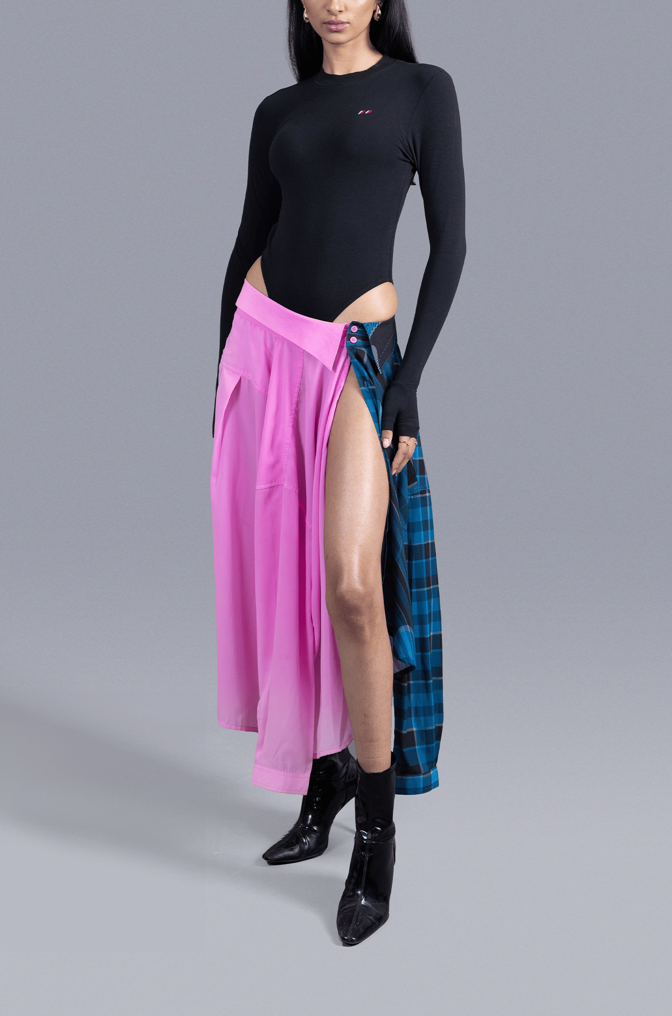 Blue Half & half skirt in madras checks pattern (Blue)