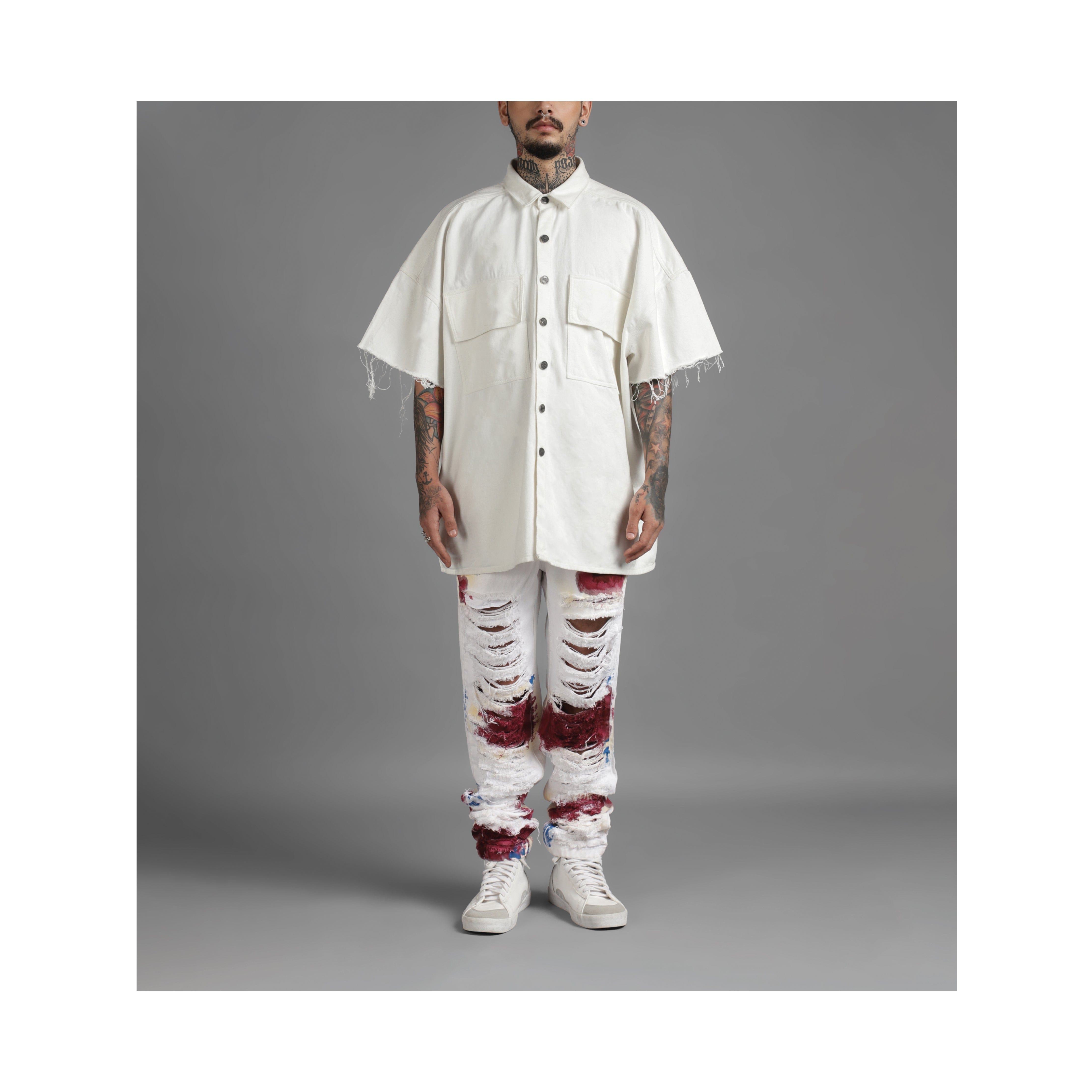 WHITE* SuperHUEMN Denim Overshirt with Patched Pockets (White)