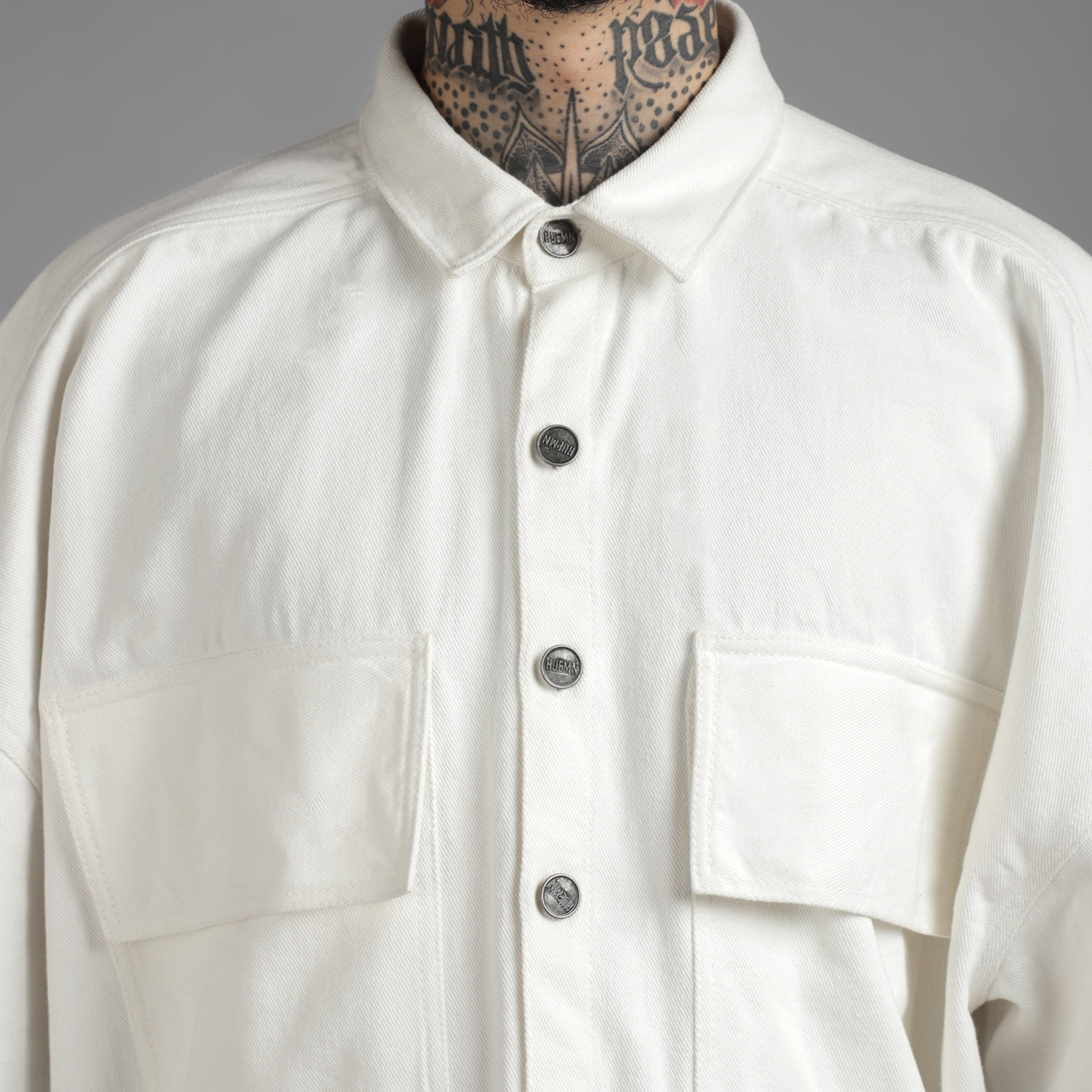 WHITE* SuperHUEMN Denim Overshirt with Patched Pockets (White)