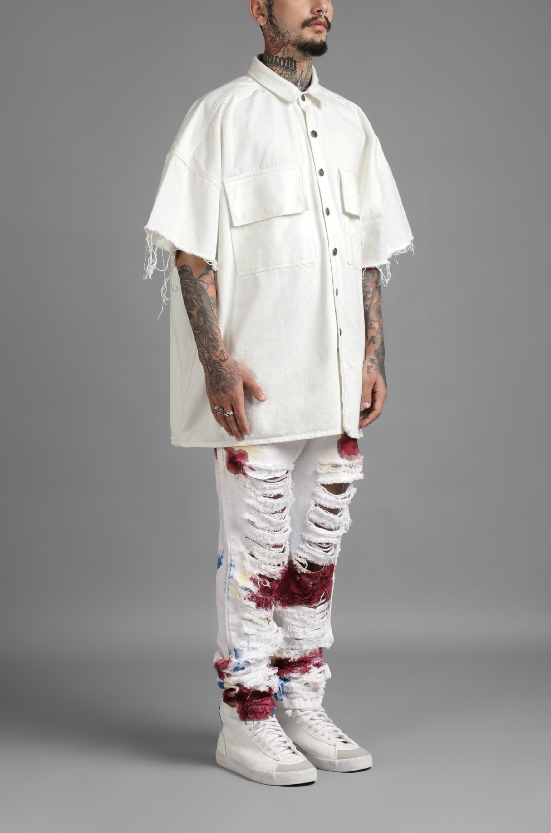 WHITE* SuperHUEMN Denim Overshirt with Patched Pockets (White)
