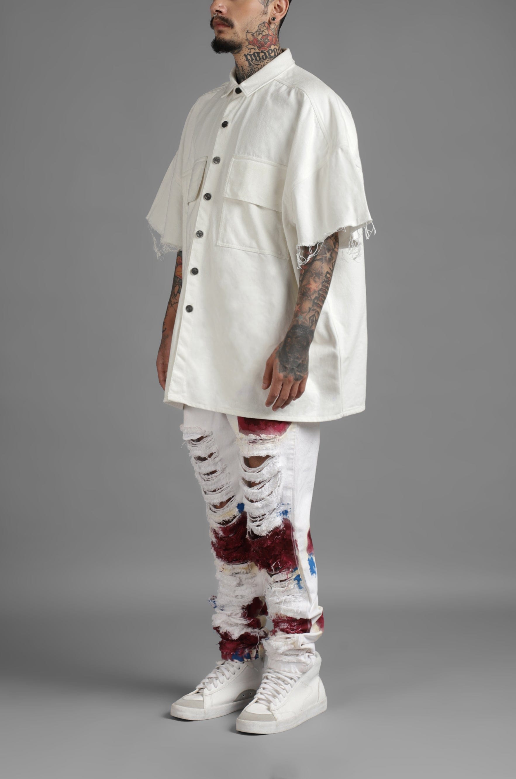 WHITE* SuperHUEMN Denim Overshirt with Patched Pockets (White)