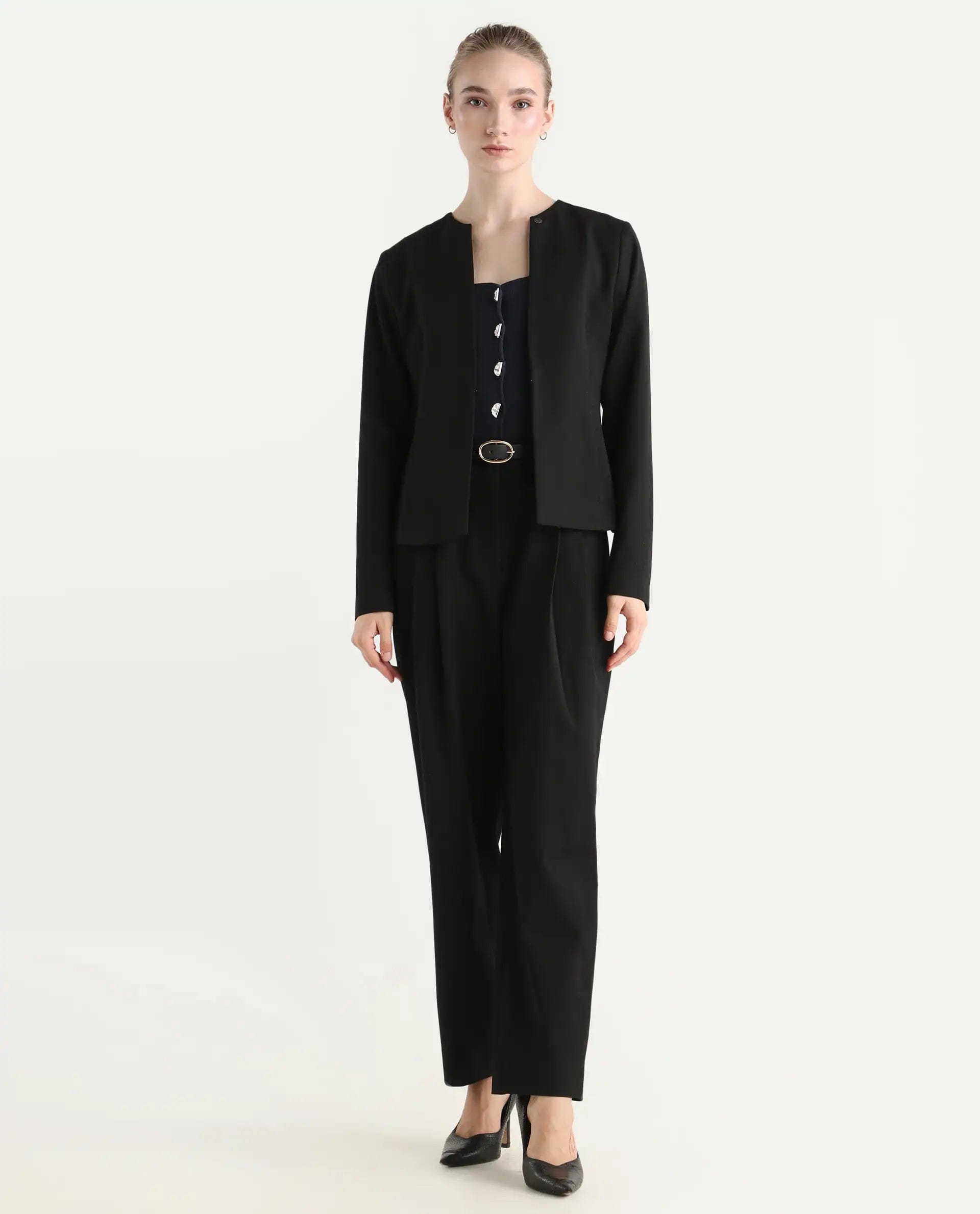 Rareism Women's Allenso Black Polyester Blend Full Sleeve Plain Blazer