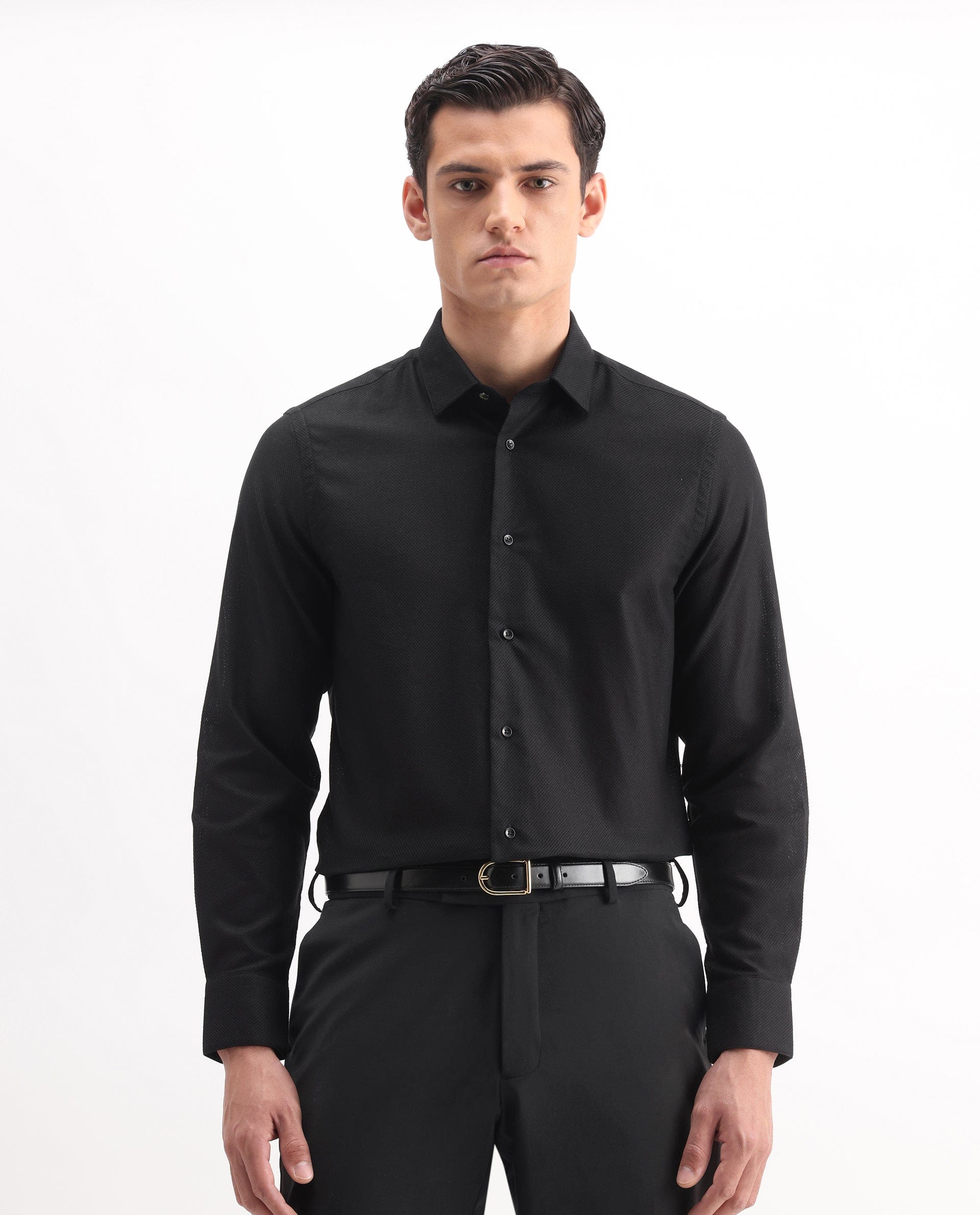 RARE Rabbit Men's Astron 25 Black Cotton Blend Plain Regular Fit Full Sleeve Collared Shirt