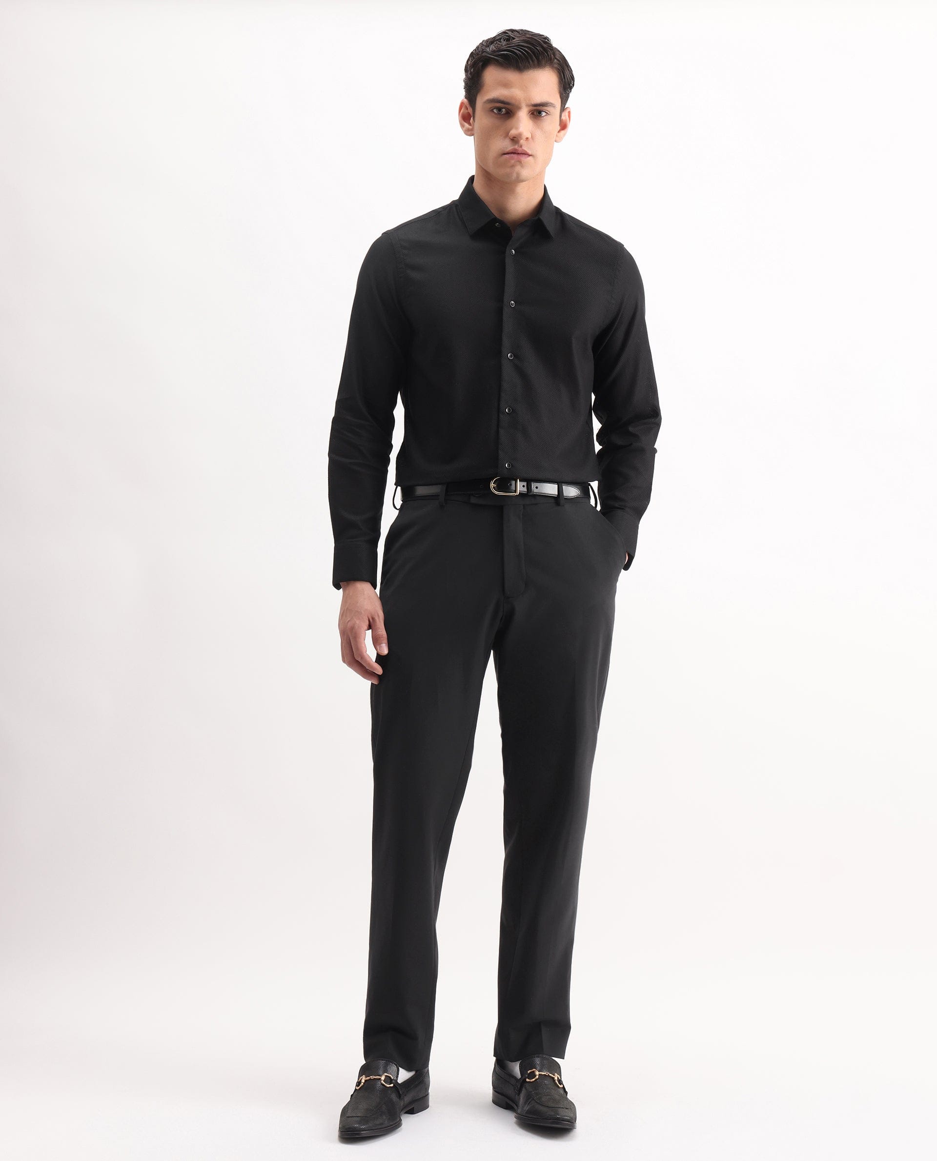 RARE Rabbit Men's Astron 25 Black Cotton Blend Plain Regular Fit Full Sleeve Collared Shirt