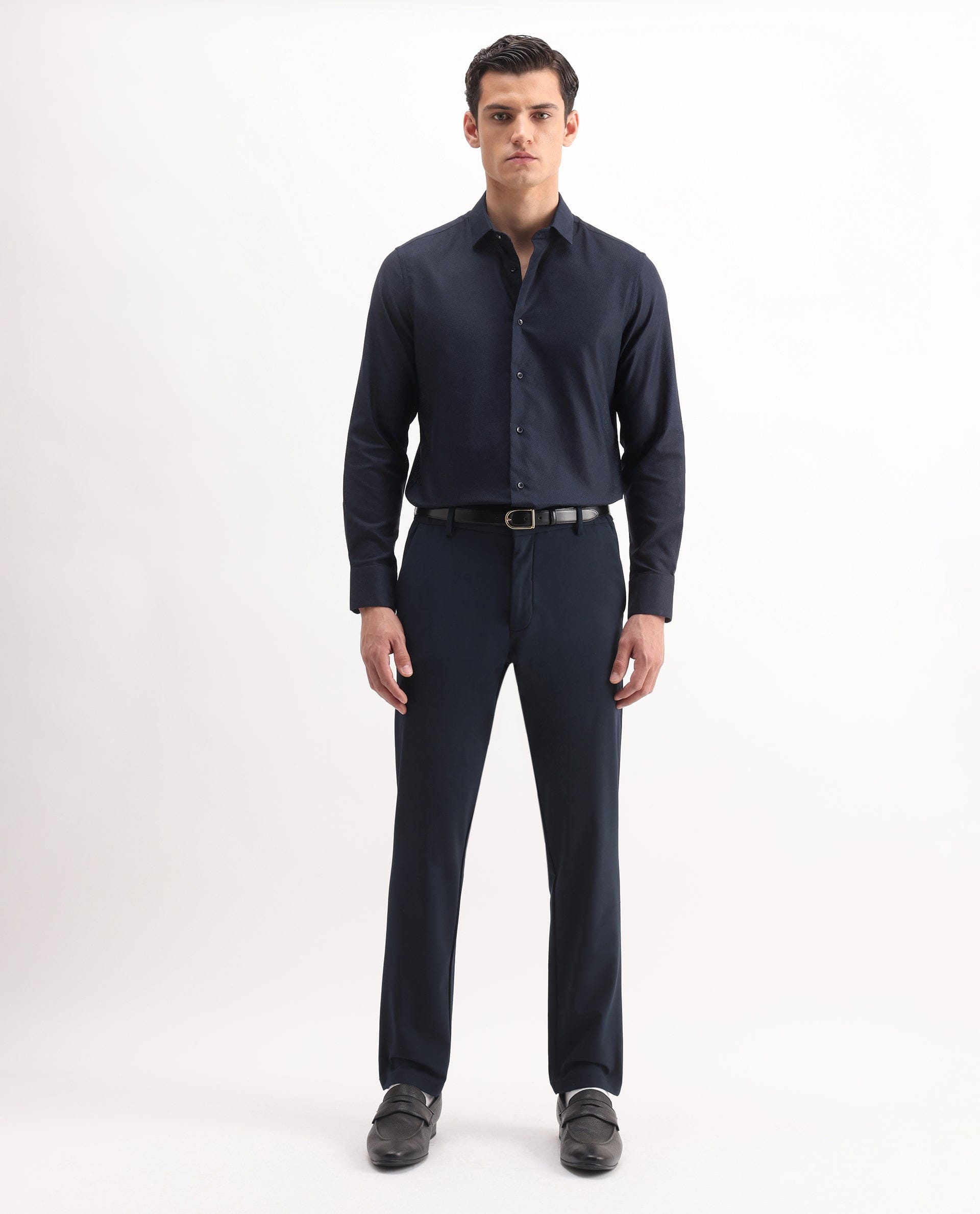 RARE Rabbit Men's Astron 25 Navy Cotton Blend Plain Regular Fit Full Sleeve Collared Shirt