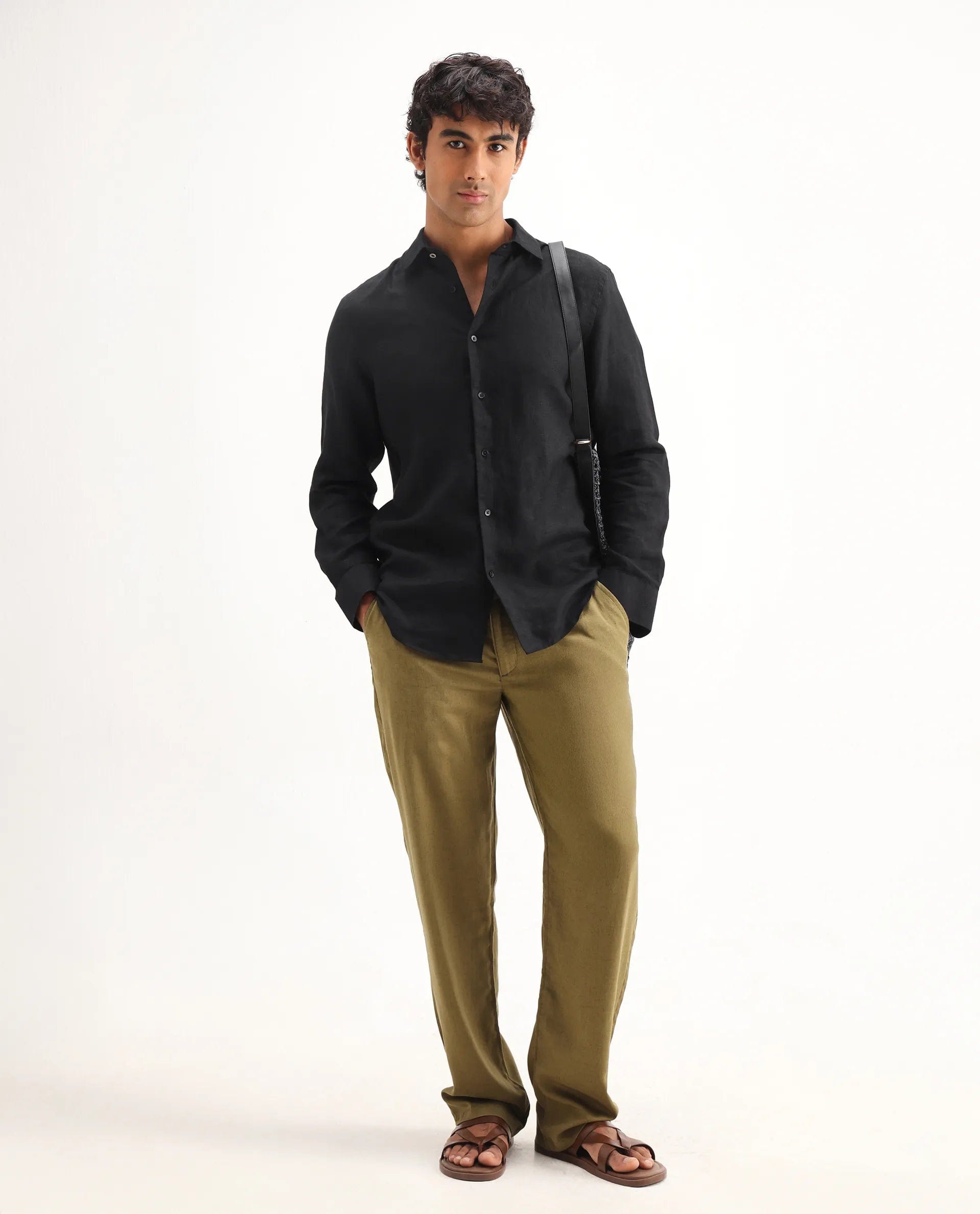 RARE Rabbit Men's Mavi Black Linen Plain Regular Fit Full Sleeve Collared Shirt