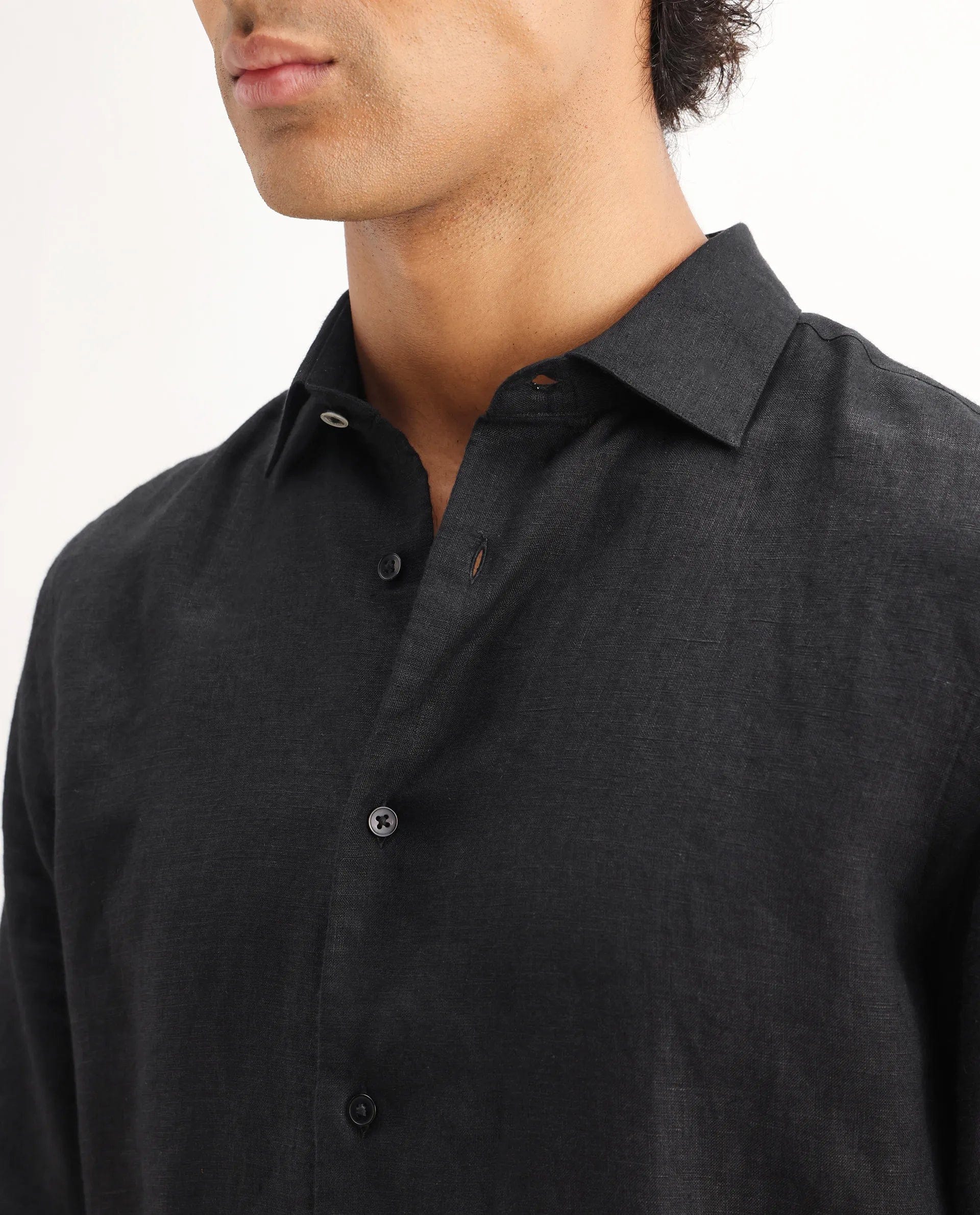 RARE Rabbit Men's Mavi Black Linen Plain Regular Fit Full Sleeve Collared Shirt