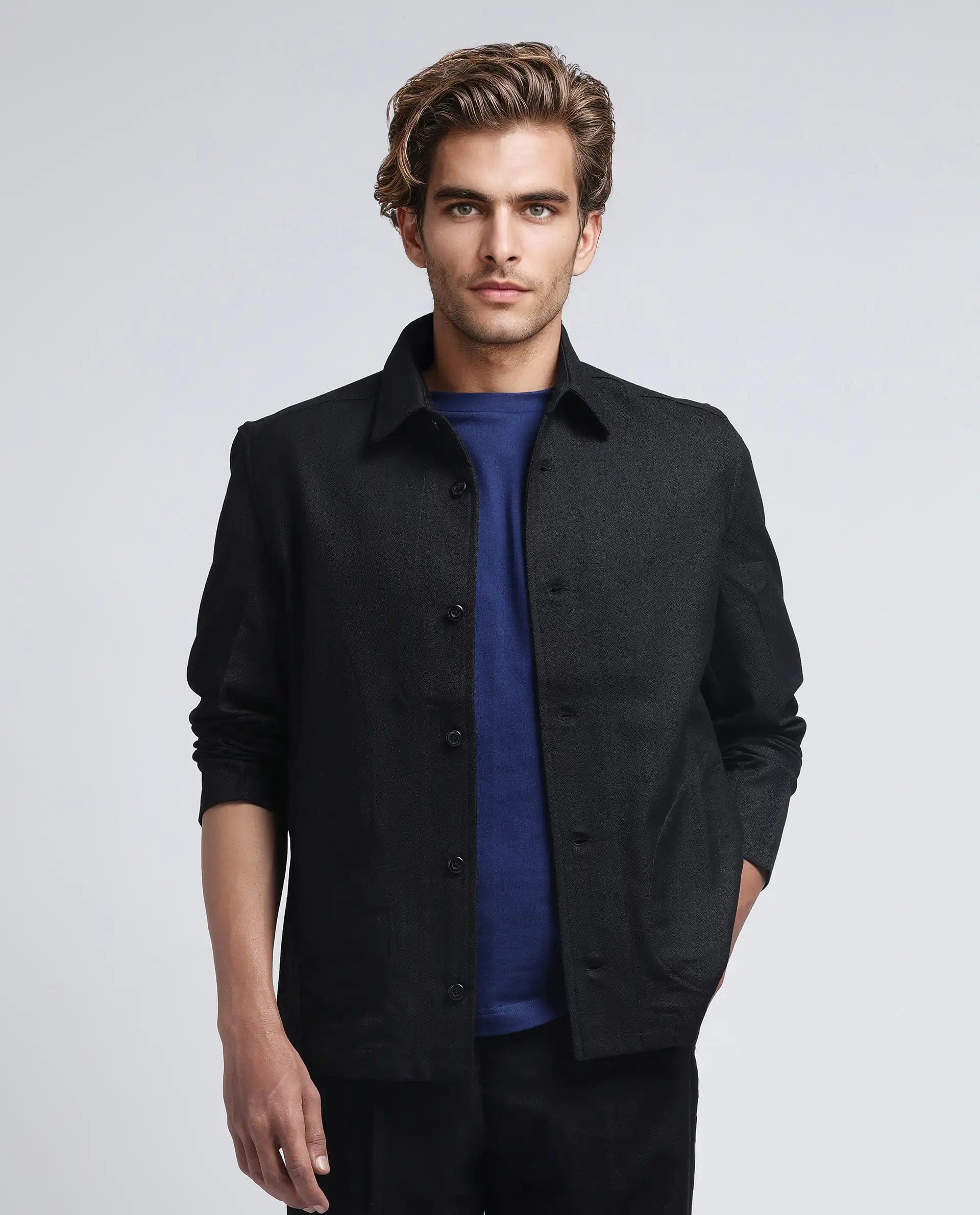 RARE Rabbit Men's Aront Black Polyester Plain Relaxed Fit Full Sleeve Spread Collar Jacket